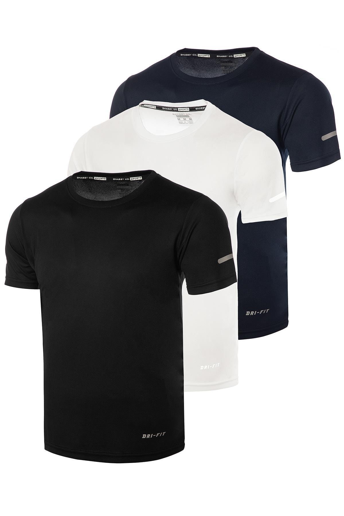 Ghassy Co Erkek 3'lü Paket Dry Fit Siyah Lacivert Beyaz Atletik Nem Emici Günlük Tshirt