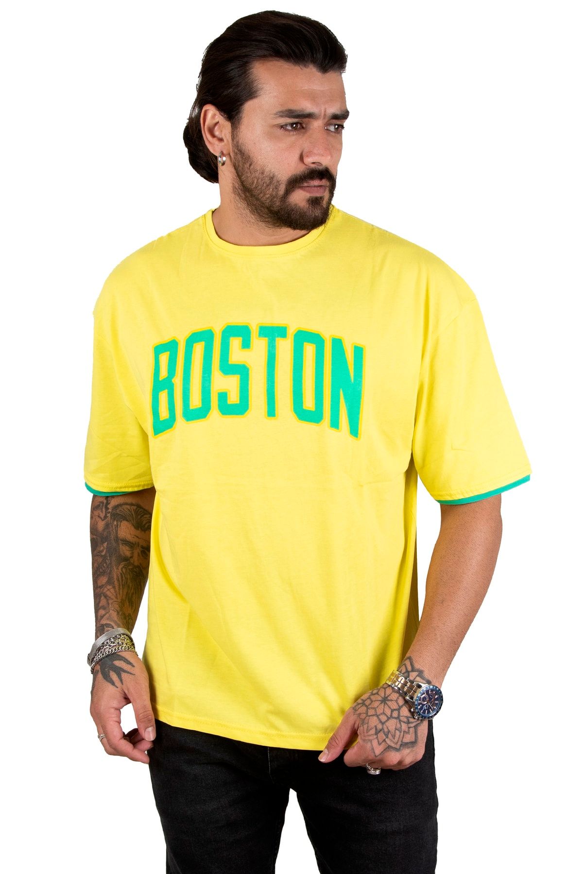 DeepSea Erkek Sarı Boston Yazı Baskılı Oversize Tişört 2200507