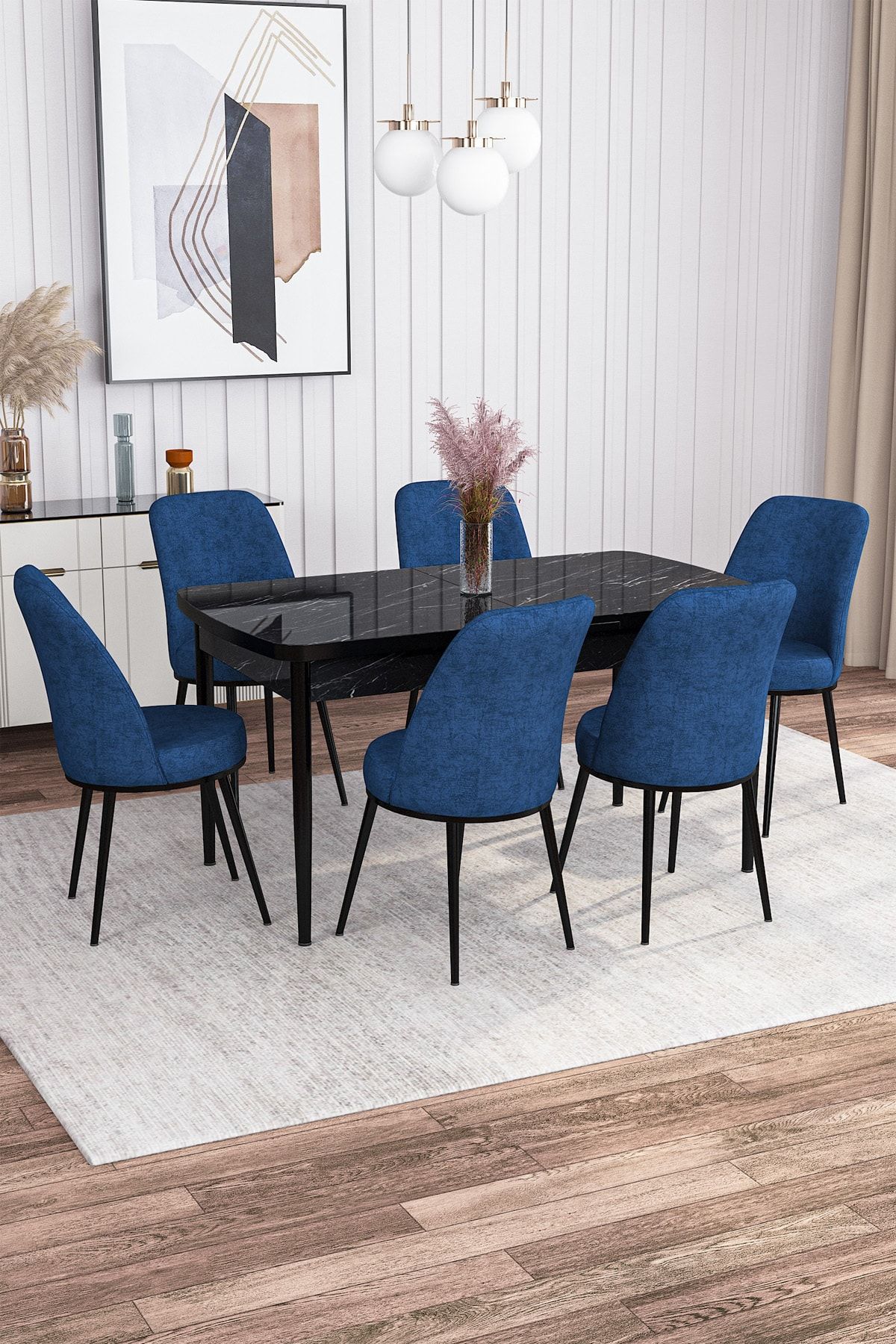 Rovena Leona Siyah Mermer Desen 80x132 Mdf Açılabilir Yemek Masası Takımı 6 Adet Sandalye