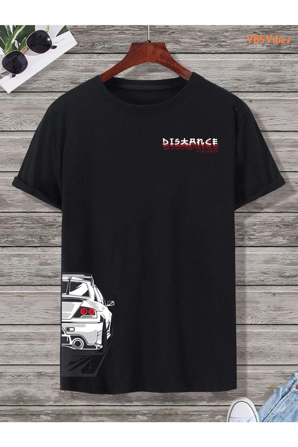 VBSVİBES Unisex Oversize Distance Baskılı Siyah T-shirt