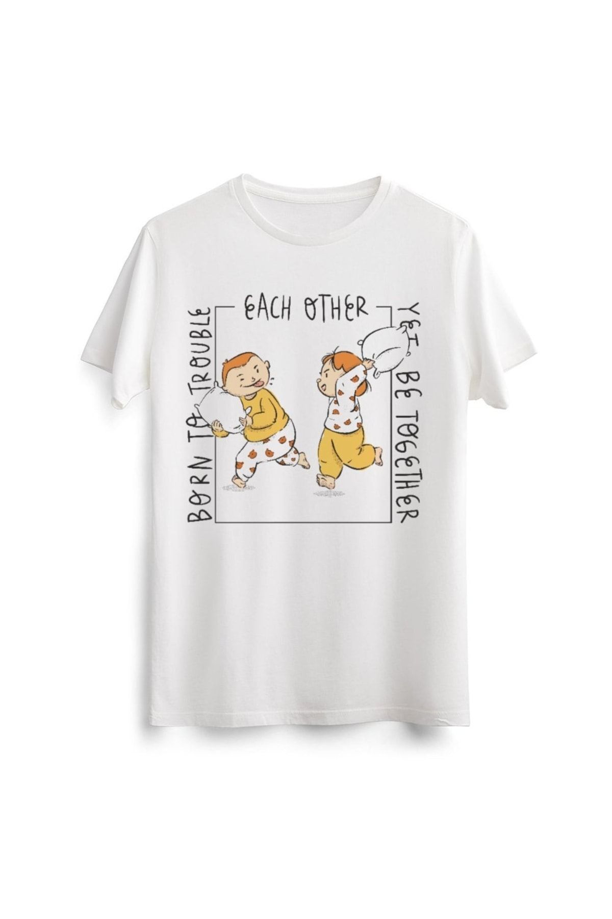 Line Art Cafe Unisex Erkek Kadın Sevimli Cute Kardeş Arkadaş Baskılı Tasarım Beyaz Tişört Tshirt T-shirt
