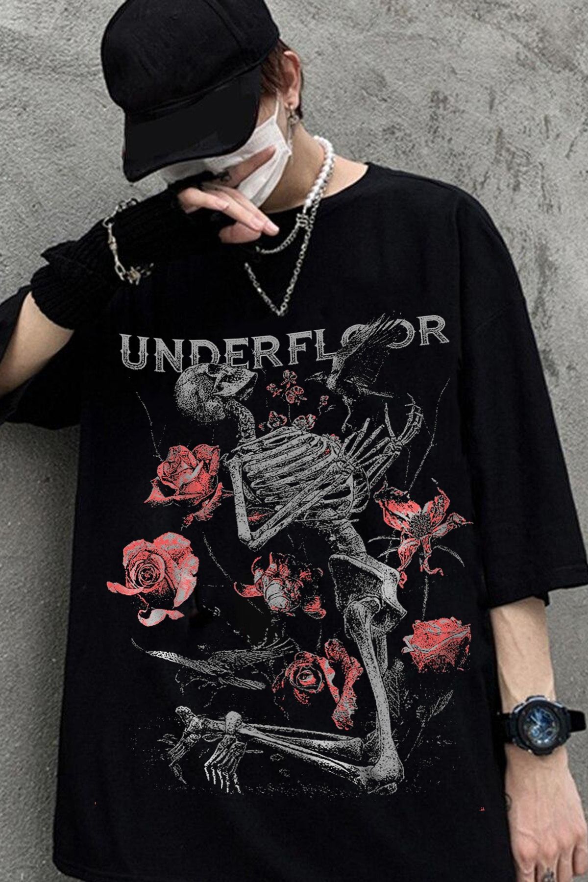 Freak Tshirt Siyah Renk Iskelet Underfloor Gotik Unisex Oversize T-shirt