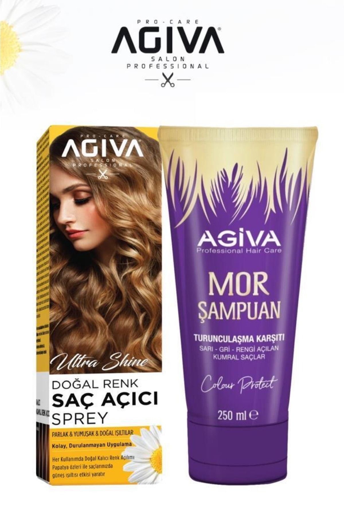 Agiva Ultra Shine Doğal Renk Saç Açıcı Sprey Mor Şampuan Seti