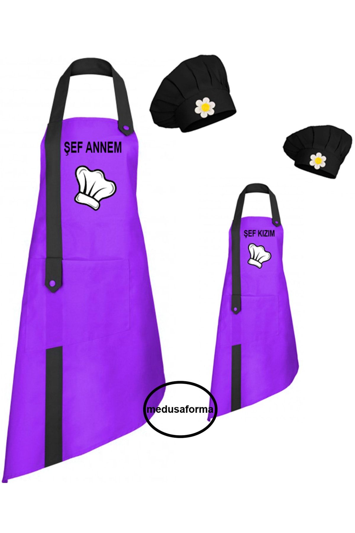 medusaforma Anne Kız Önlük Takım Çocuk Aşçı Kıyafeti Master Şef Mutfak Önlüğü Chef Şef Önlük Kombinleri - Mor
