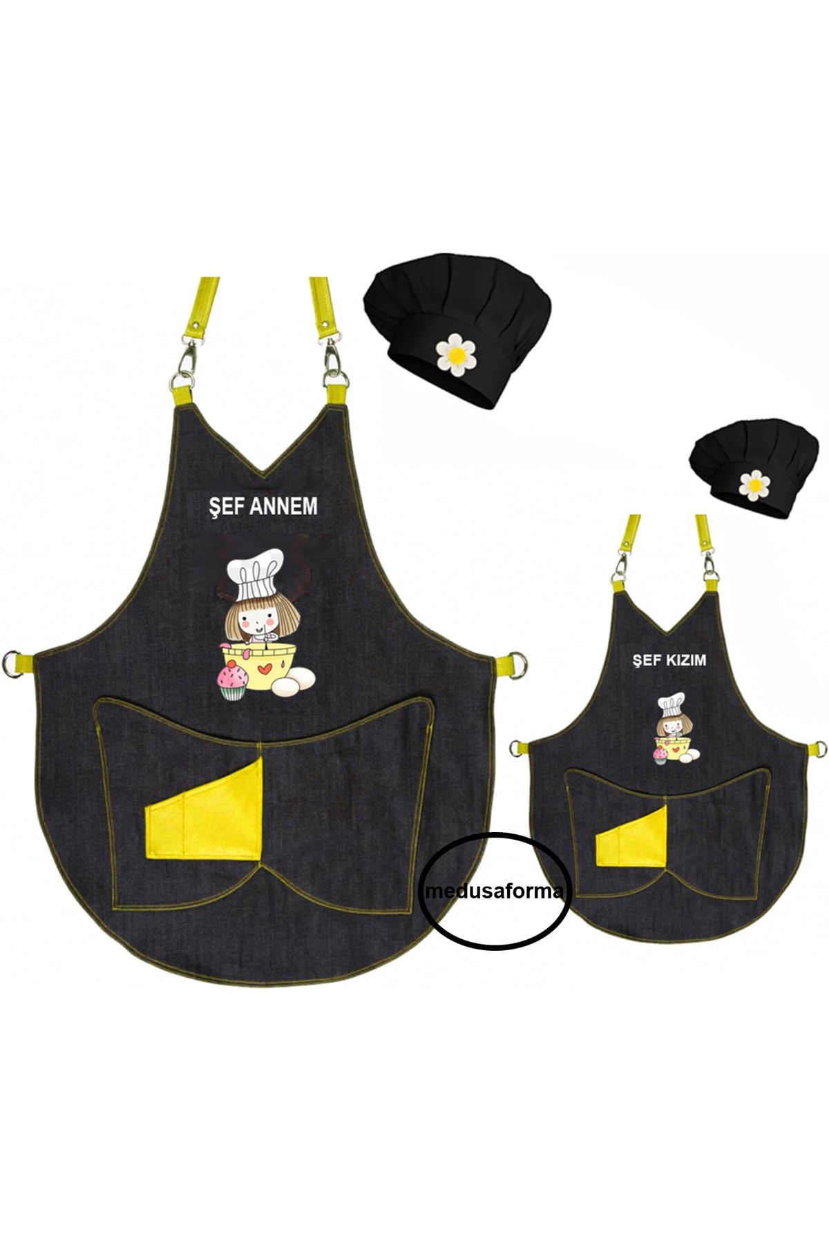 medusaforma Anne Kız Önlük Takım Çocuk Aşçı Kıyafeti Master Şef Mutfak Önlüğü Şef Önlük Kombinleri - Sarı