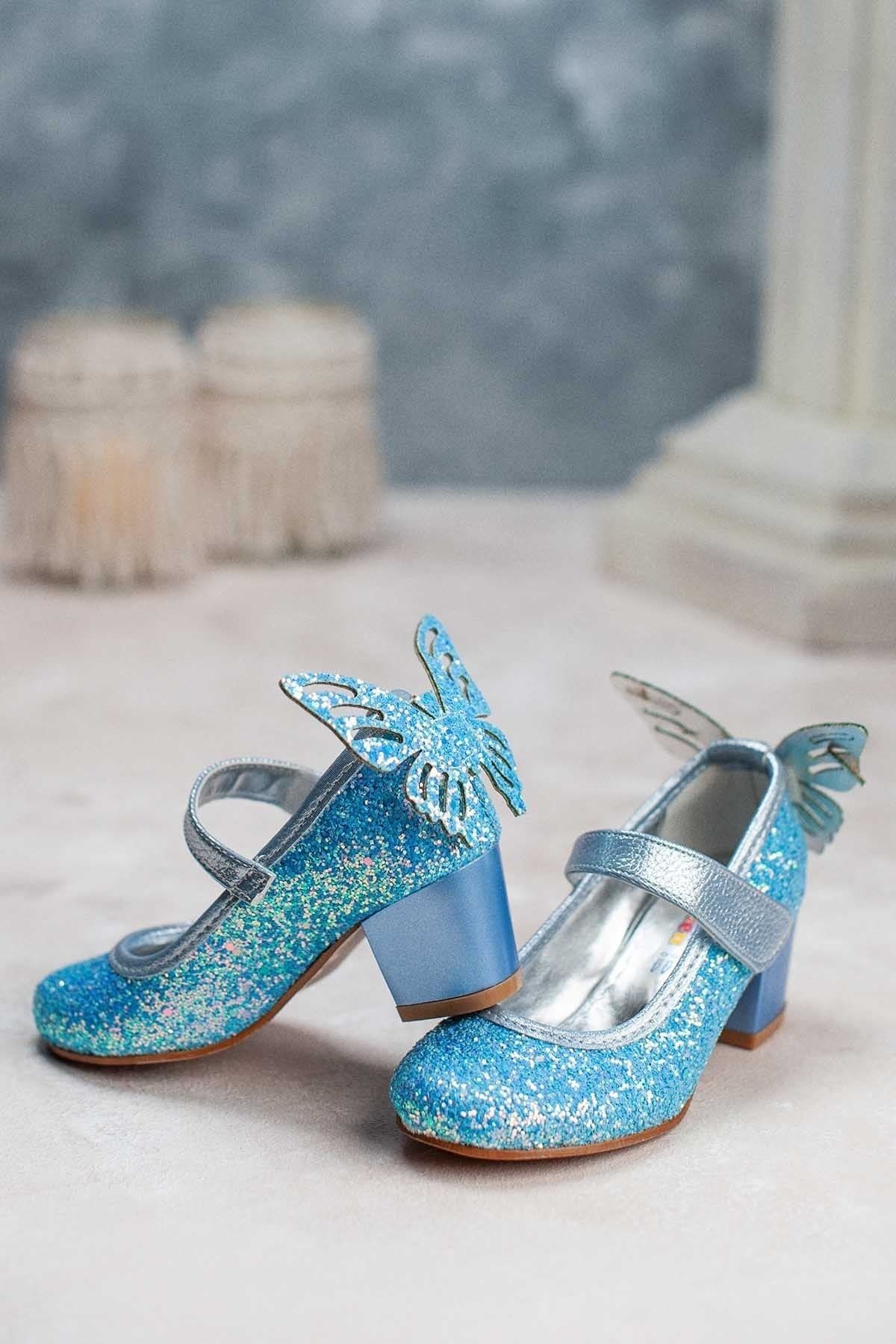 MİNİ WOMEN Kız Çocuk Topuklu Ayakkabı Kelebek Detaylı Buz Mavisi