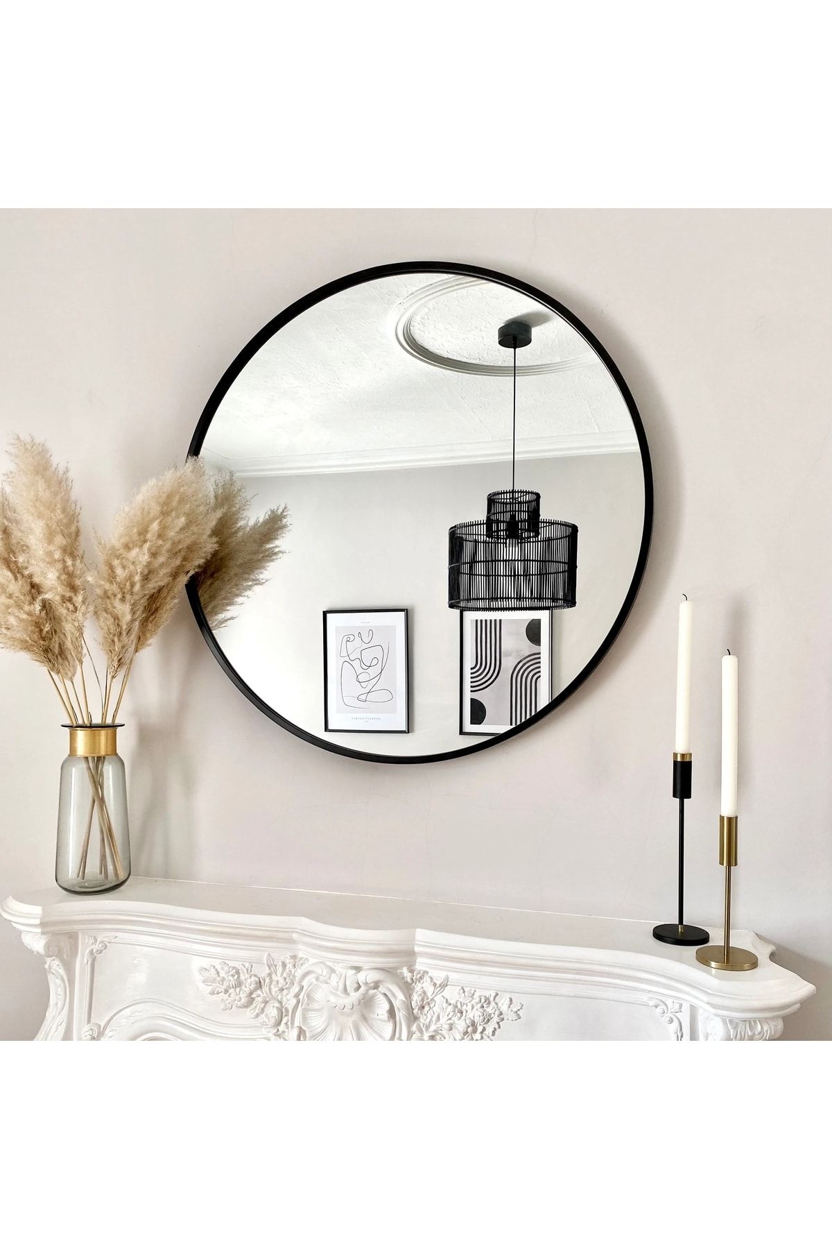 FLORADESİGN Ayna / Dekoratif Ayna / Yuvarlak Ayna / Banyo Ayna / Makyaj Ayna / Duvar Ayna / Flora Roma (SİYAH)