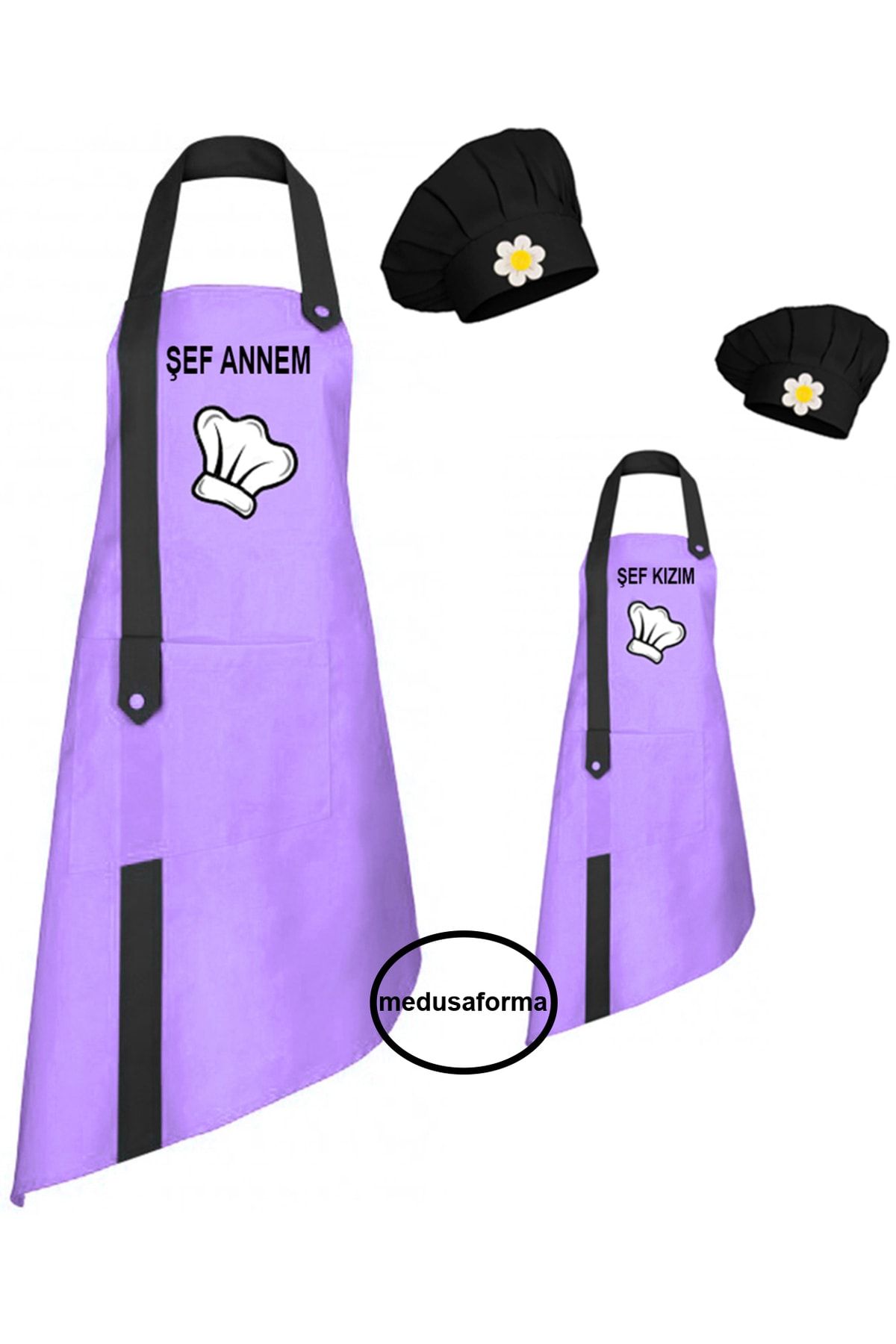 medusaforma Anne Kız Önlük Takım Çocuk Aşçı Kıyafeti Master Şef Mutfak Önlüğü Chef Şef Önlük Kombinleri - Lila