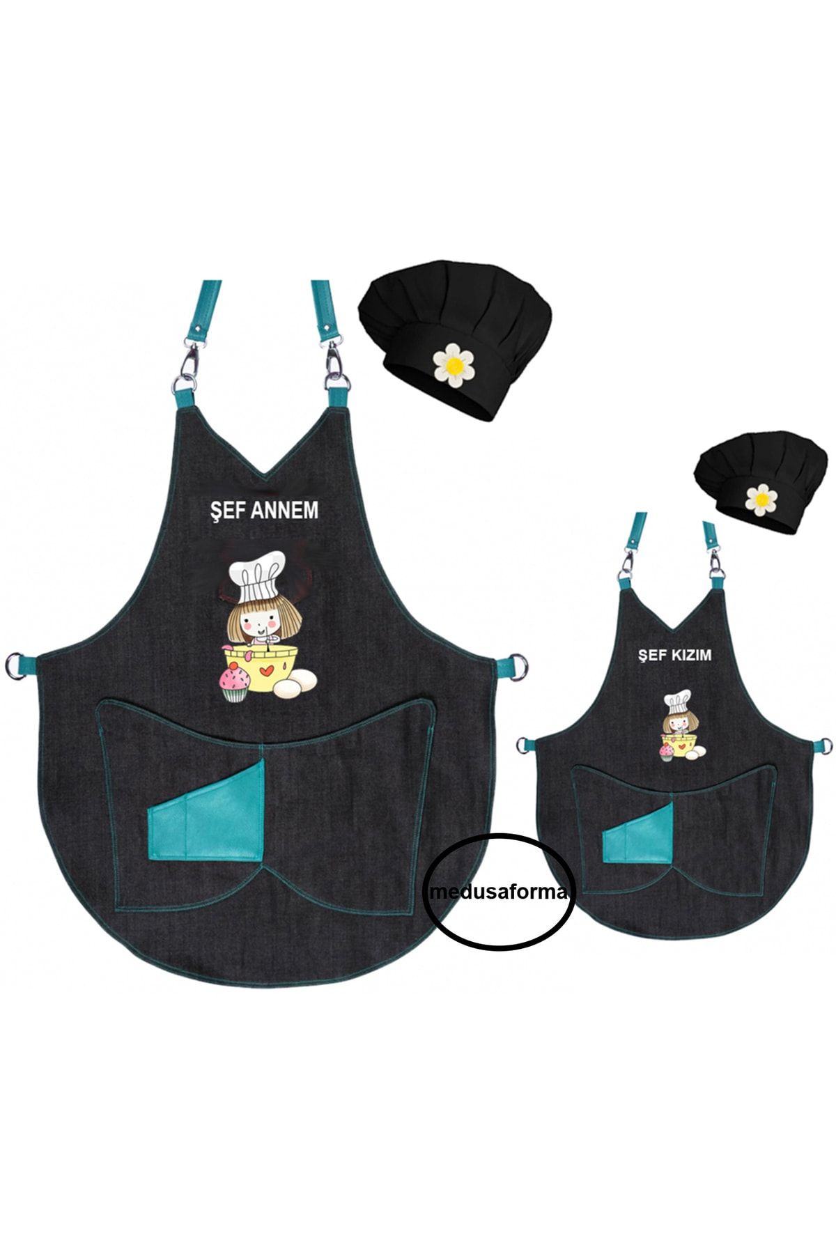 medusaforma Anne Kız Önlük Takım Çocuk Aşçı Kıyafeti Master Şef Mutfak Önlüğü Şef Önlük Kombinleri - Turkuaz