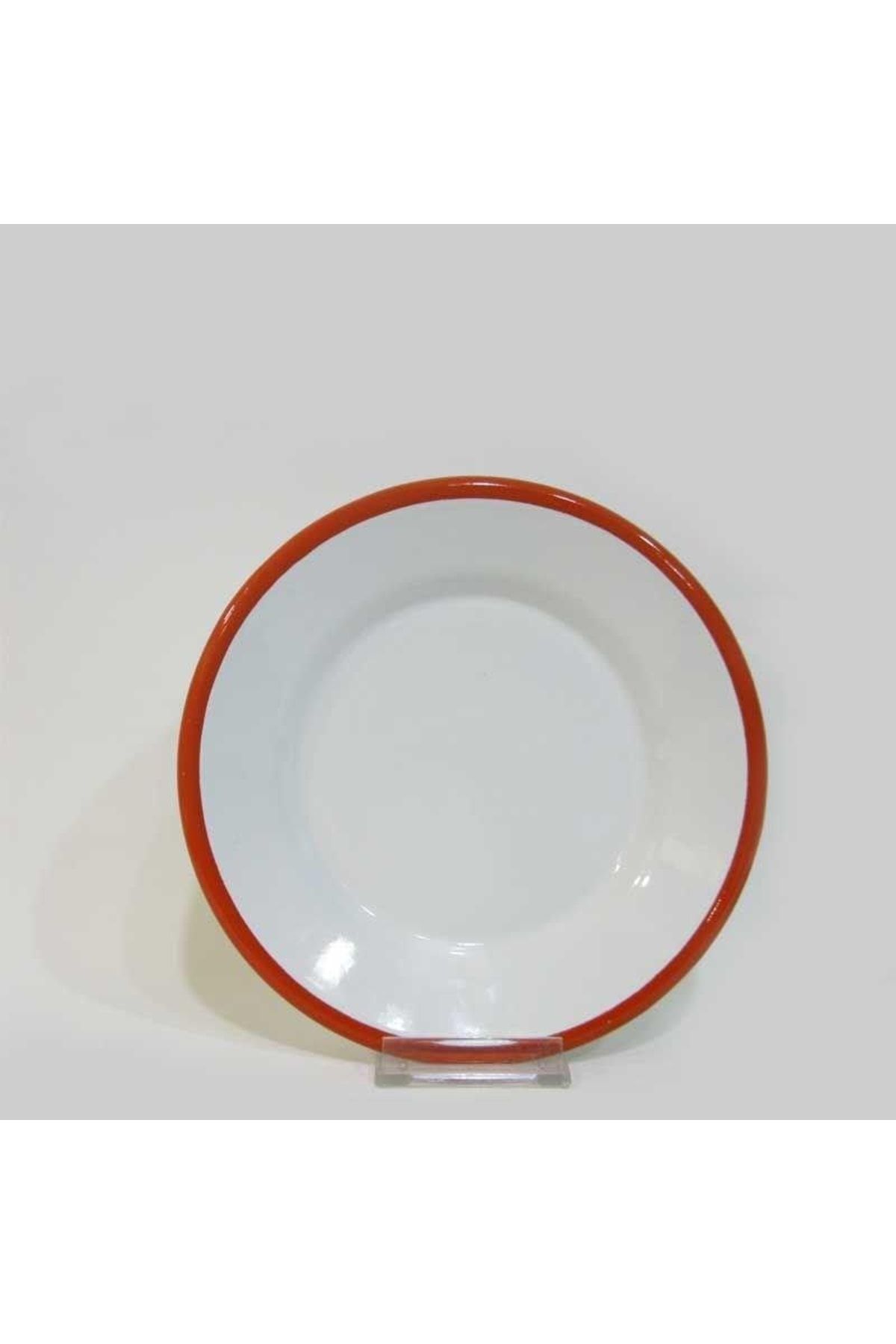 abnturk Ultra Lüks Emaye 22cm Çukur Yemek Tabağı Kırmızı Kenarlı Beyaz Çinko Süper Sırlı Kalın Metalden