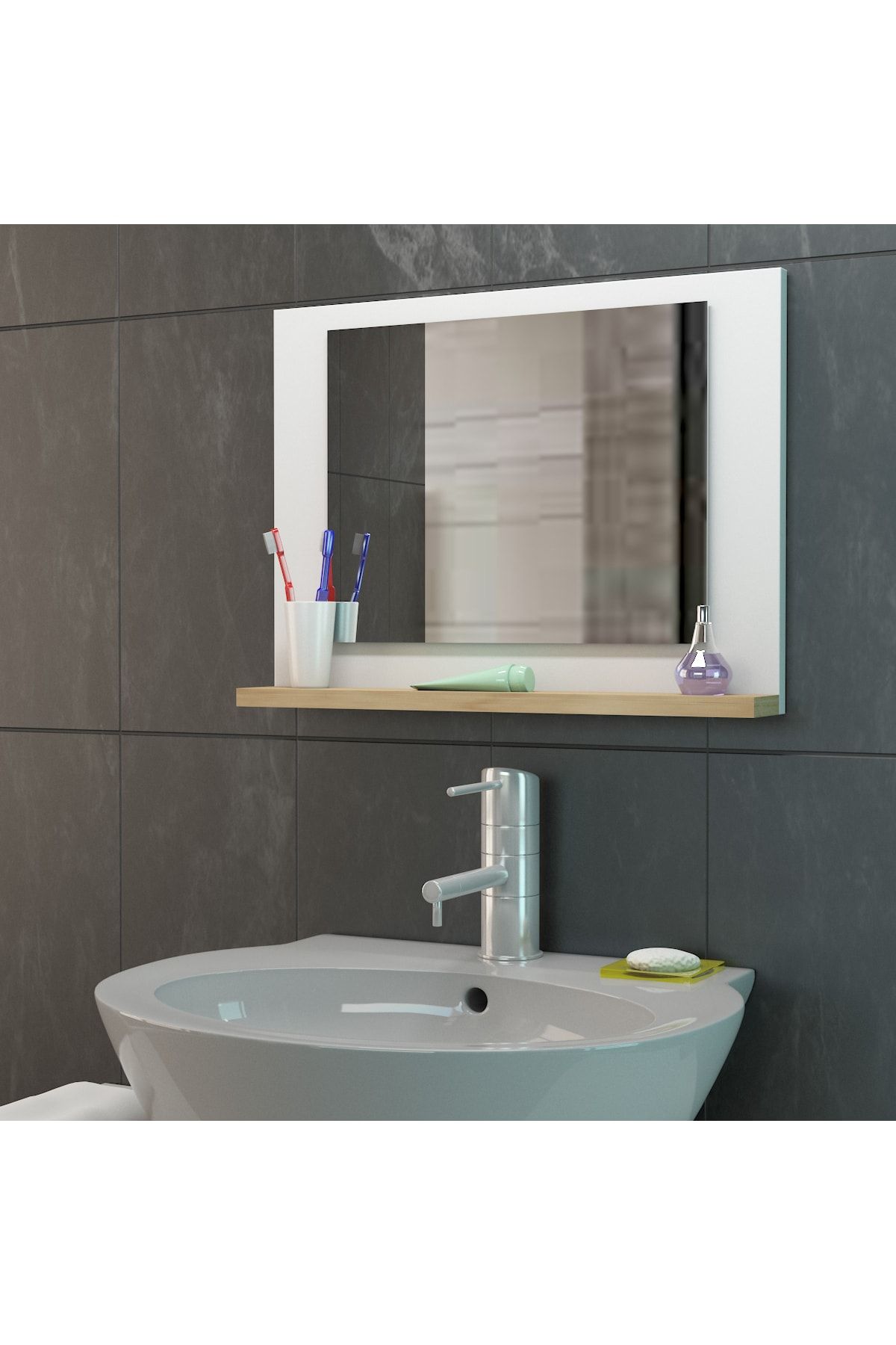 FLORADESİGN Banyo Aynası / Lavabo Aynası / Aynalı Banyo Dolabı / Makyaj Ayna /flora Lara 45*60 Cm (BEYAZ MEŞE)
