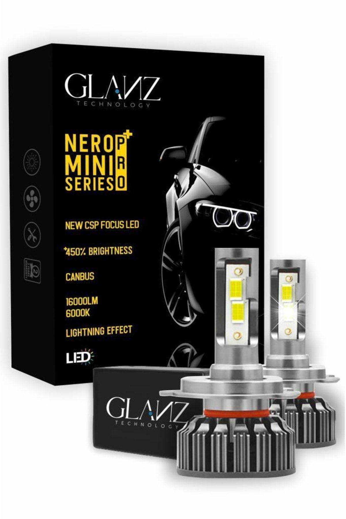 Glanz H4 Nero Pro Canbus Mini Slim Csp Led Xenon Şimşek 16000lm 6000k Beyaz Far Ampulü