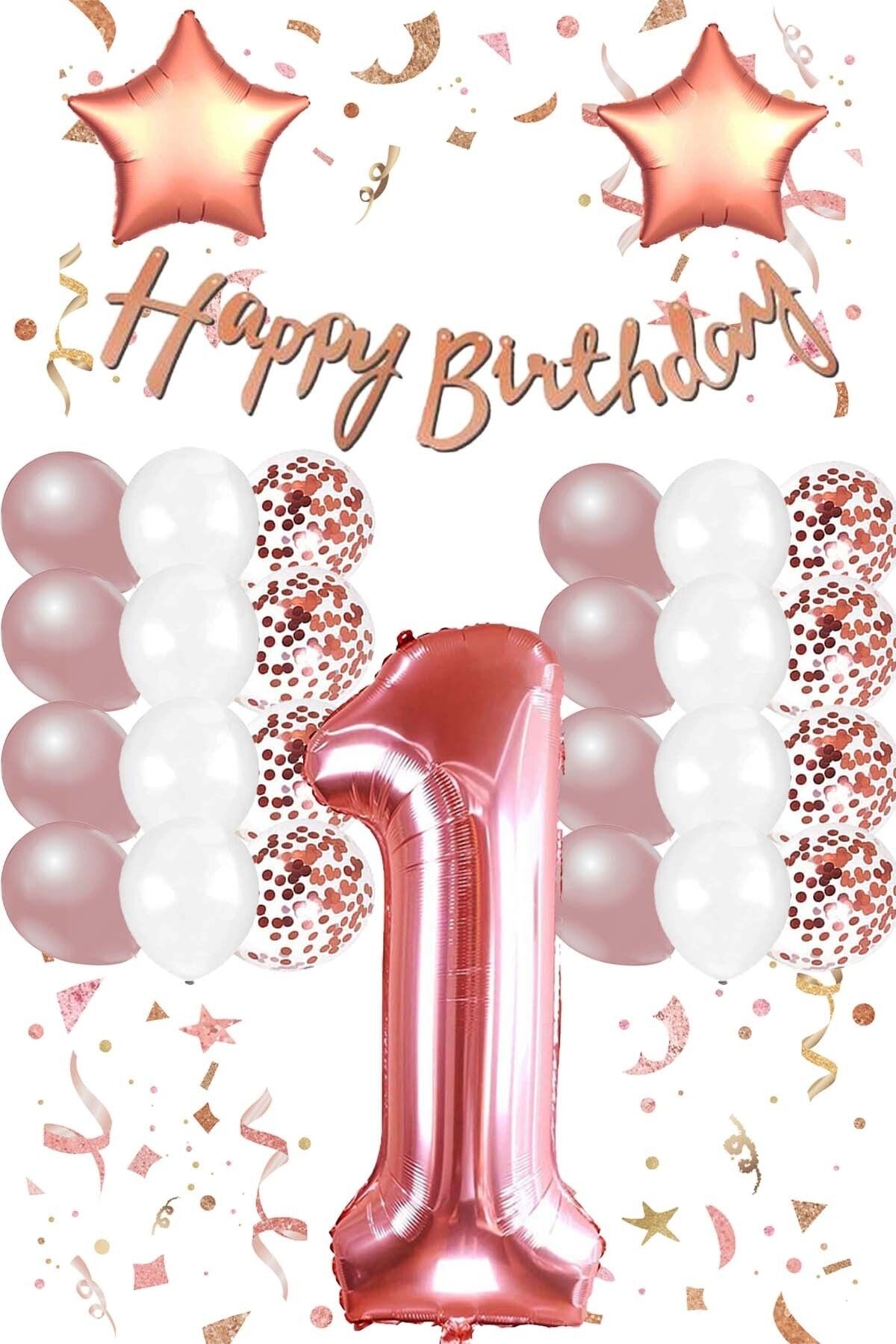 Patladı Gitti Rose Gold Konsept 1 Yaş Doğum Günü Kutlama Seti; Beyaz Gold Konfetili Balon, Rakam Yıldız Folyo Ve B