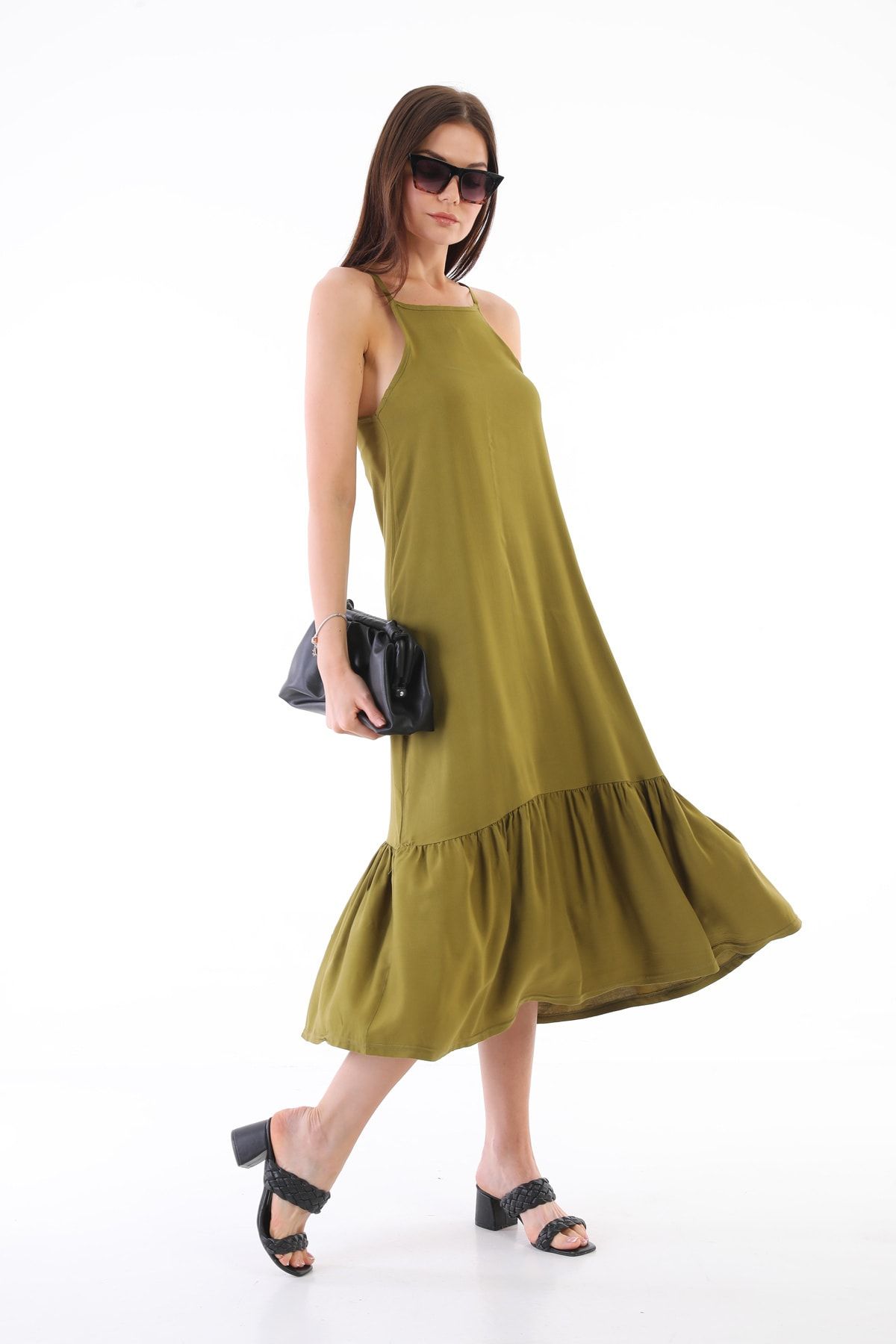 KaSheHa Yeşil Ince Askılı Eteği Pileli Dokuma Viskon Uzun Elbise 125 Cm
