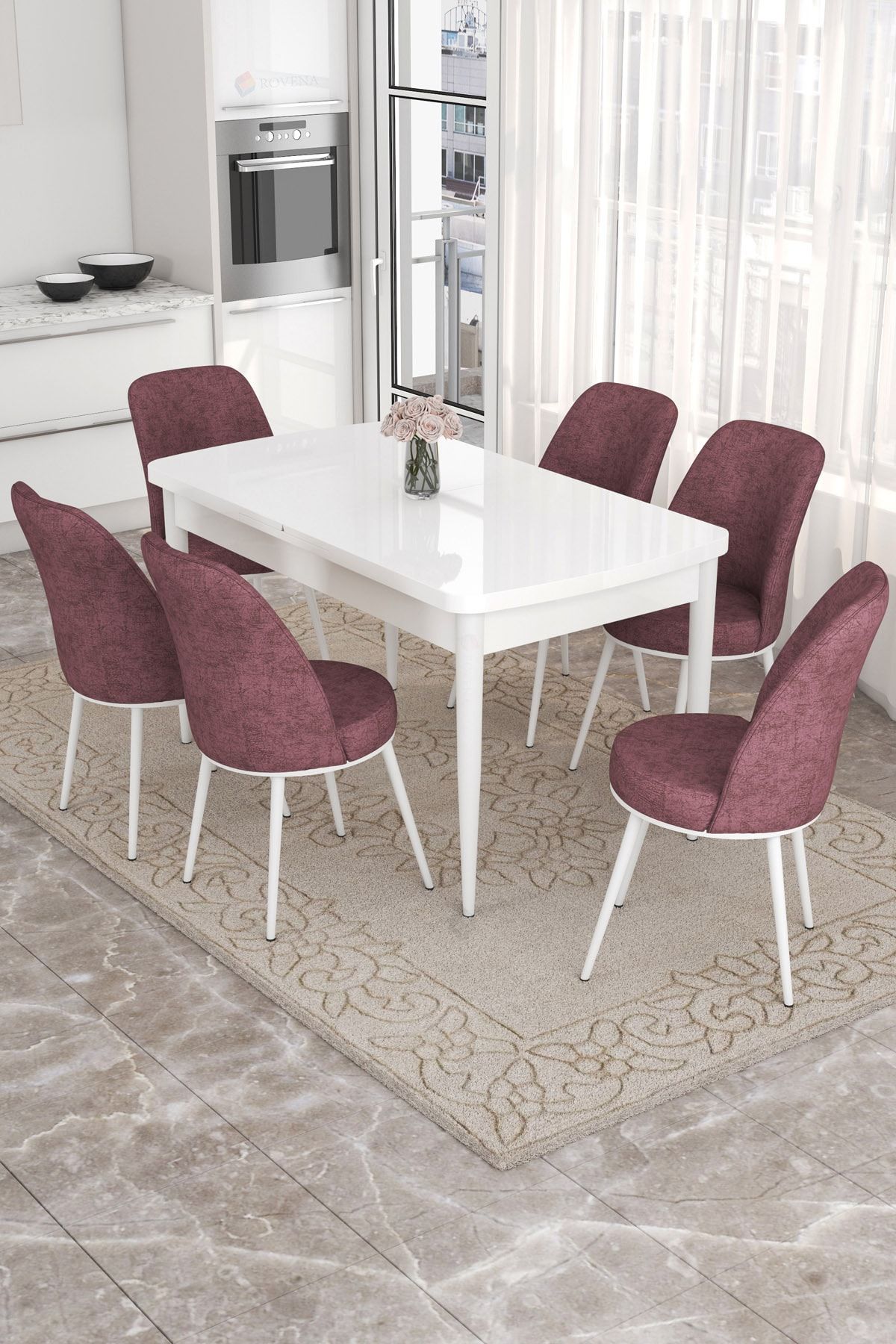 Rovena Leona Beyaz 80x132 Mdf Açılabilir Mutfak Masası Takımı 6 Adet Sandalye