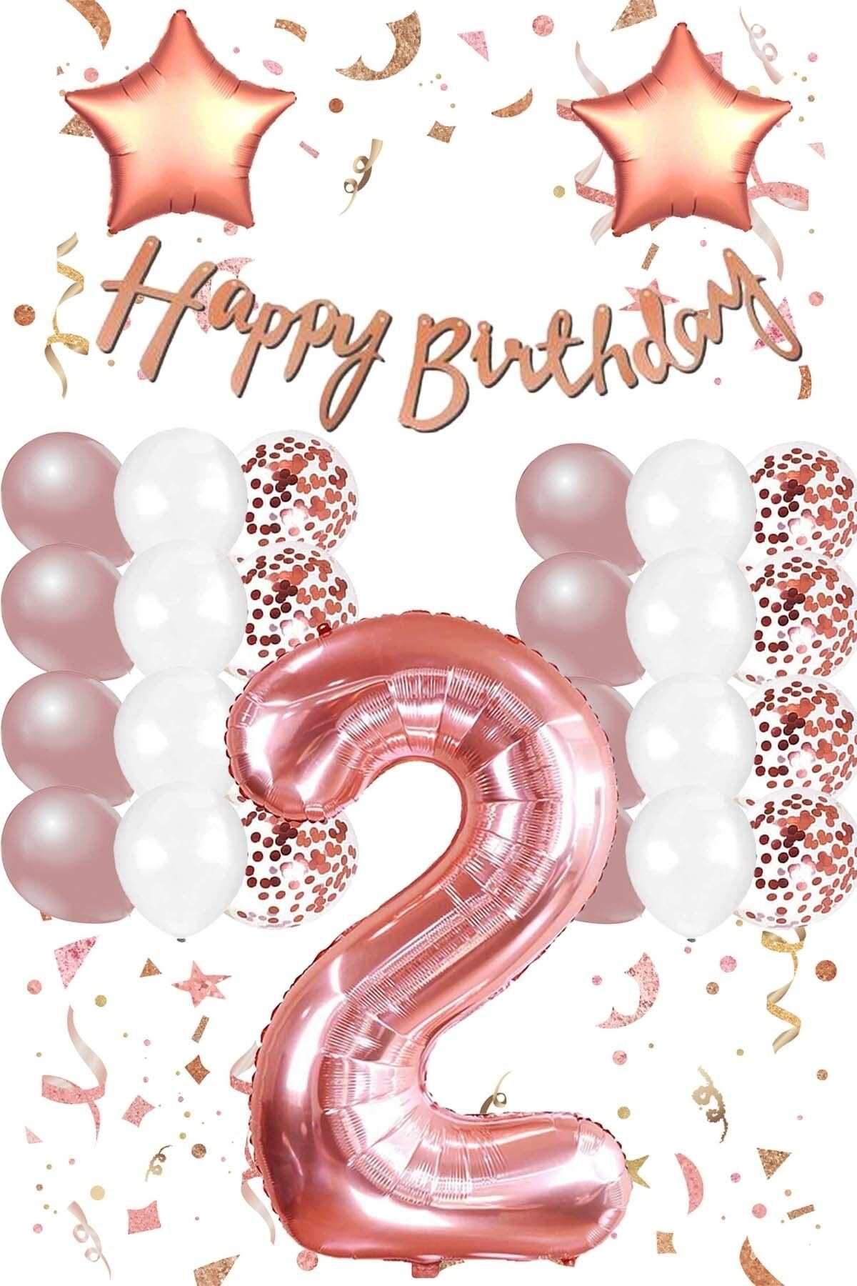 Patladı Gitti Rose Gold Konsept 2 Yaş Doğum Günü Kutlama Seti; Beyaz Gold Konfetili Balon, Rakam Yıldız Folyo Ve B
