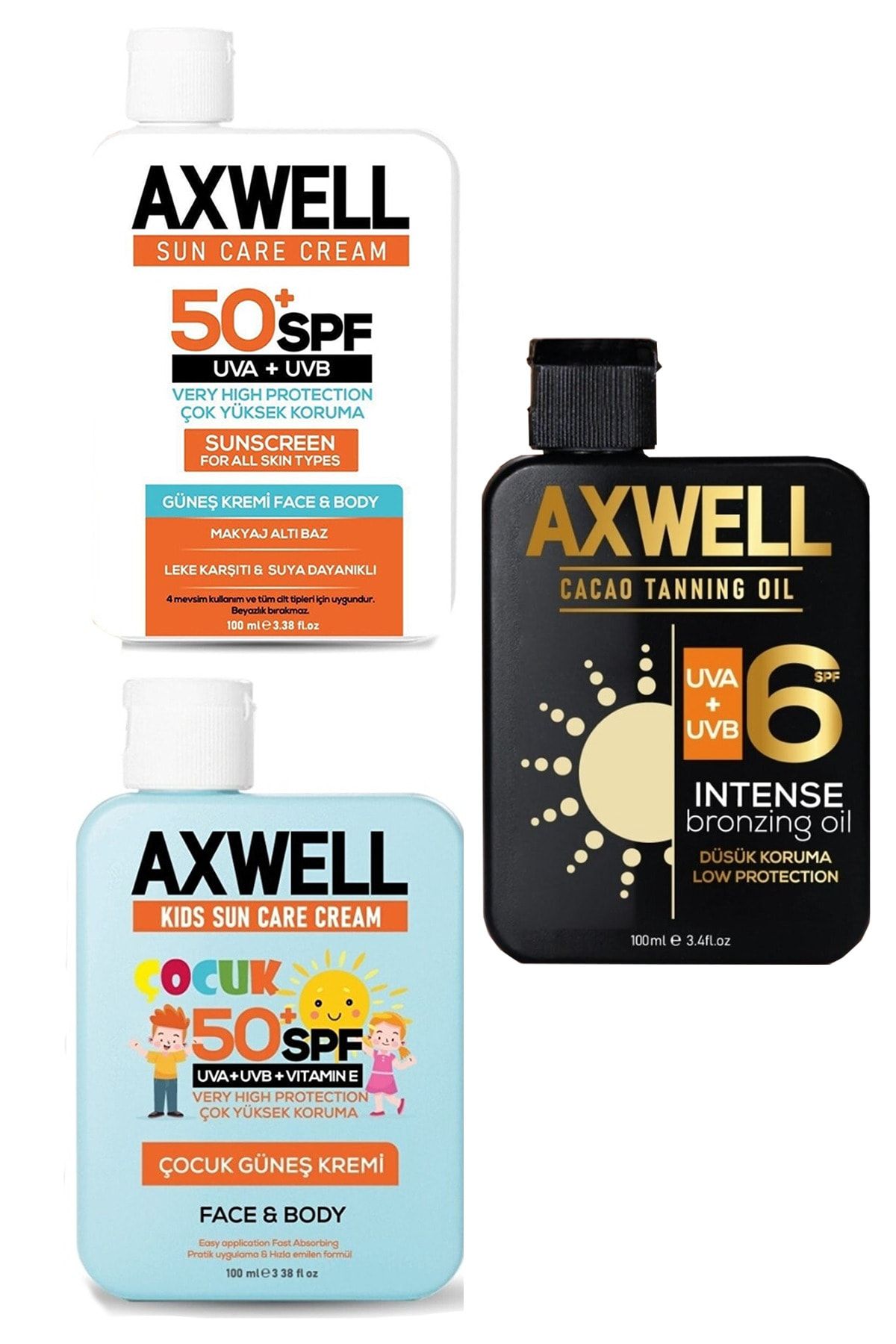 AXWELL 3'lü Fırsat Yetişkin Ve Çocuk Güneş Kremi Ve Bronzlaştırıcı Güneş Yağı Seti Spf50+,spf6 Leke Karşıtı