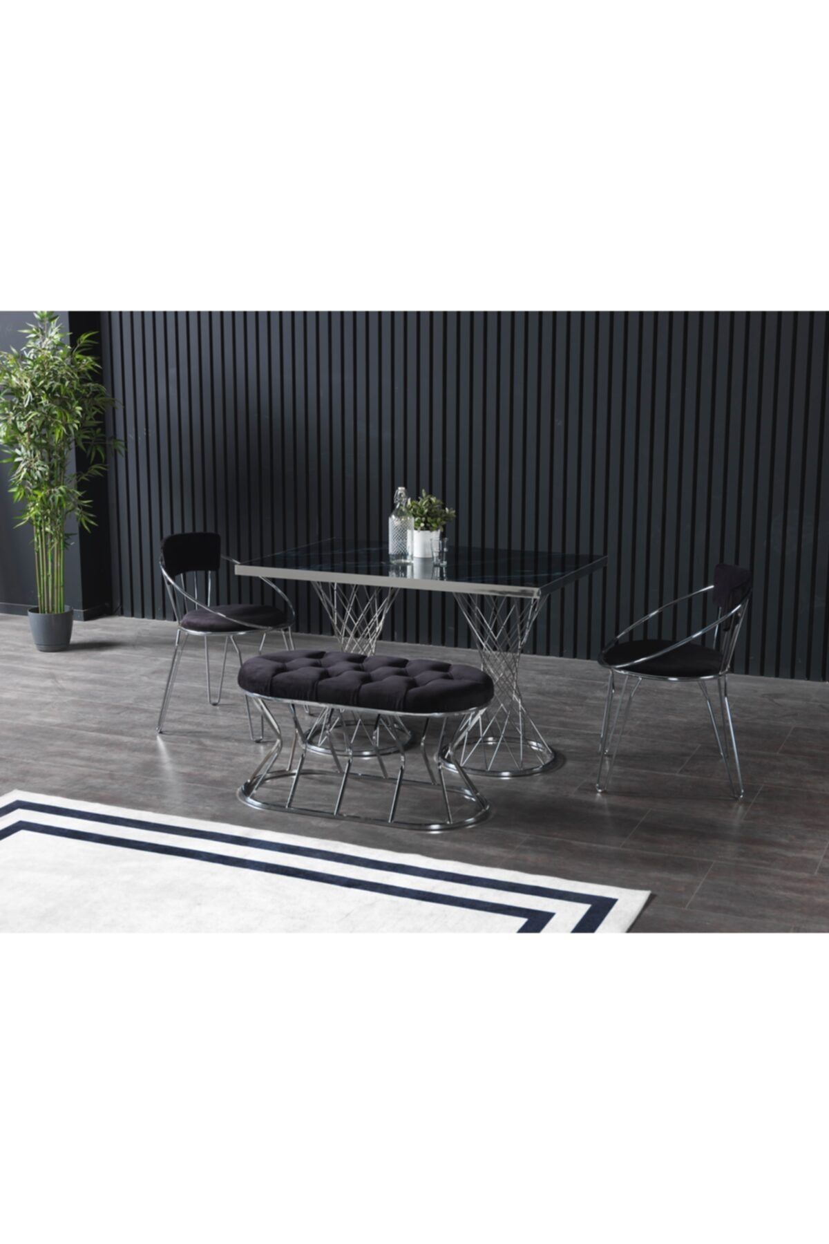 Ressa Home Frezya Puflu Siyah Mermerli Mutfak Masası Takımı-80x120 Cm