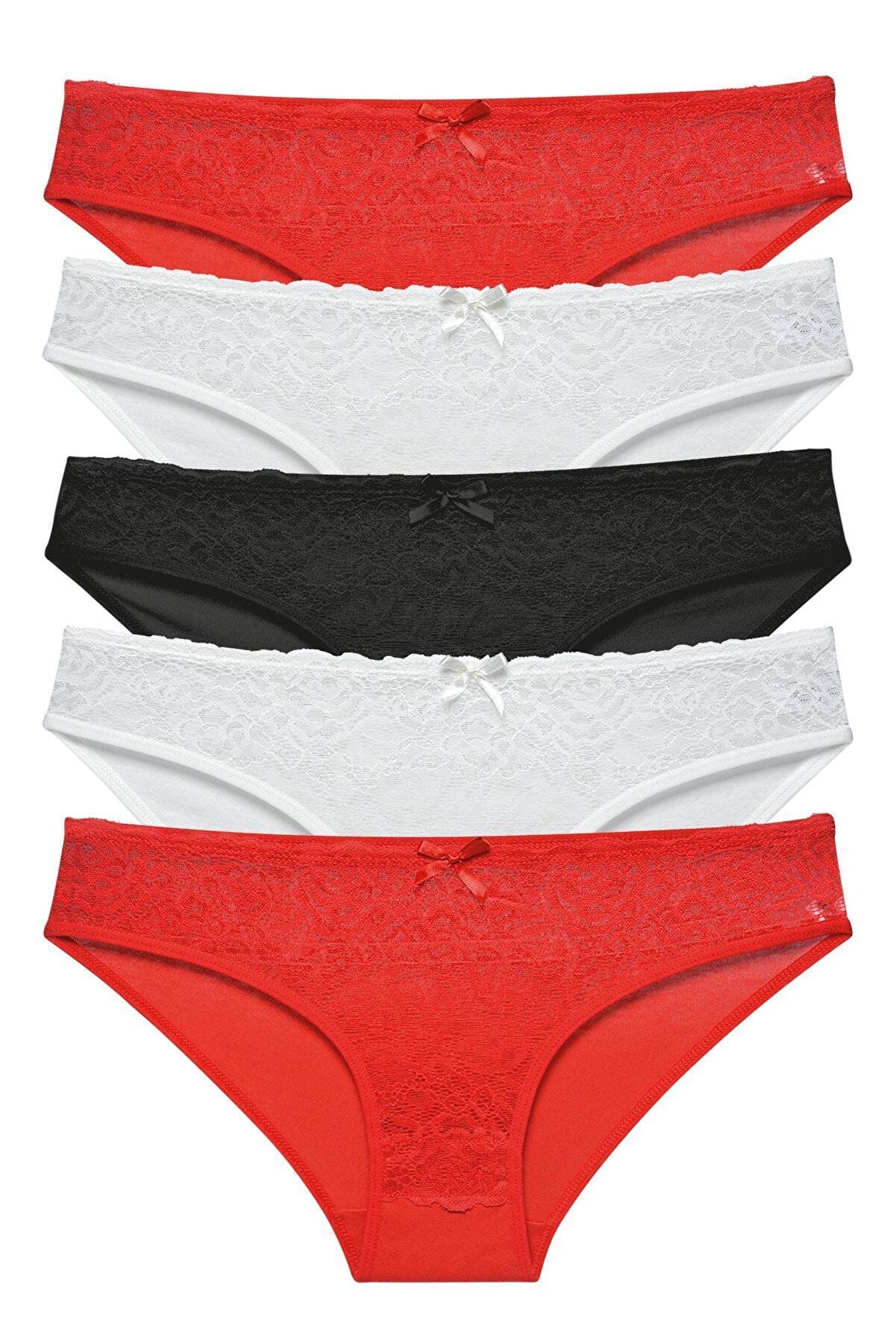LadyMelex Kadın Kırmızı Ekru Siyah Önü Dantelli Bikini Külot 5'li Paket