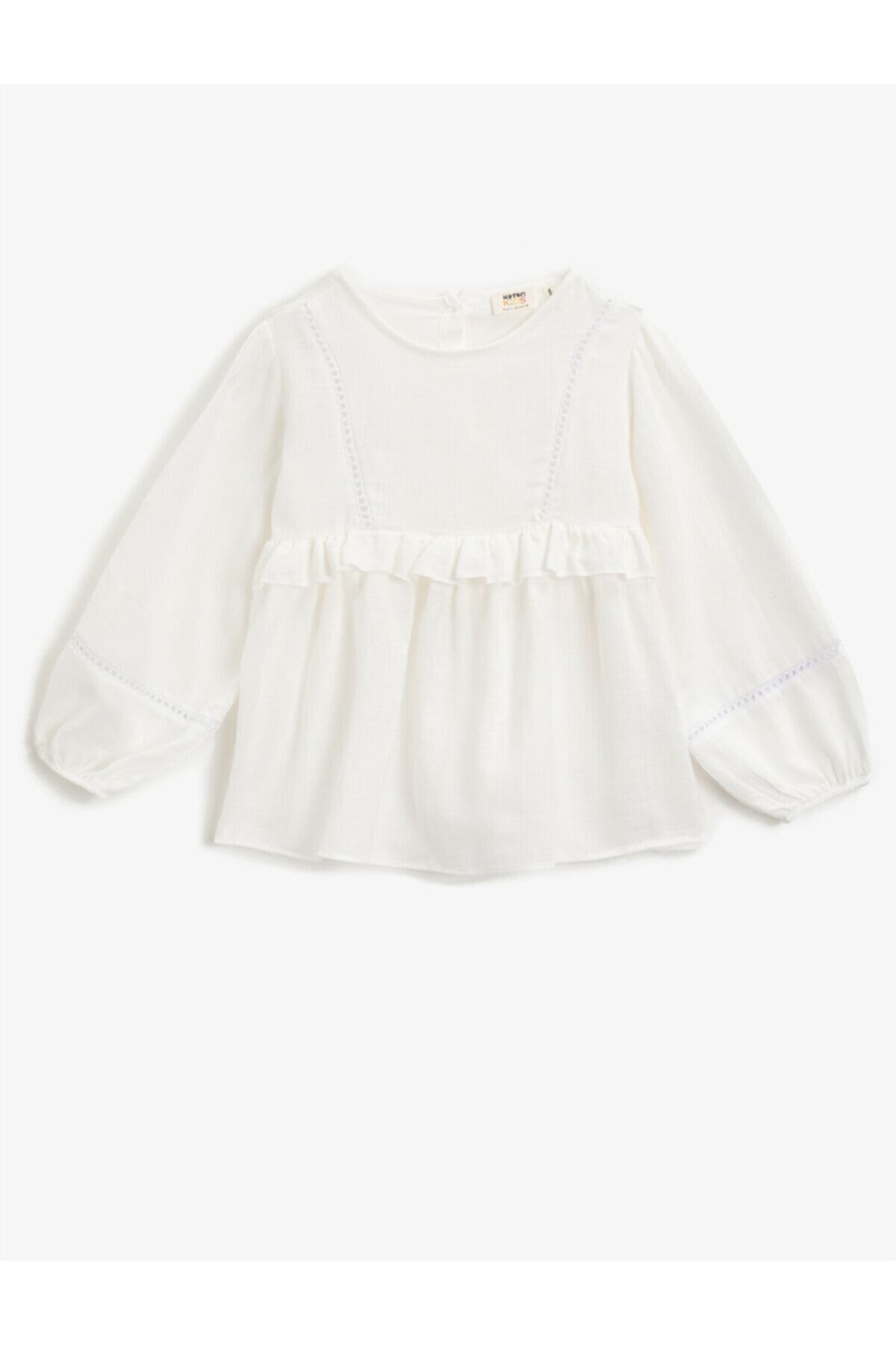 Koton Kız Çocuk Beyaz Fırfırlı Pamuklu Uzun Kollu Bluz