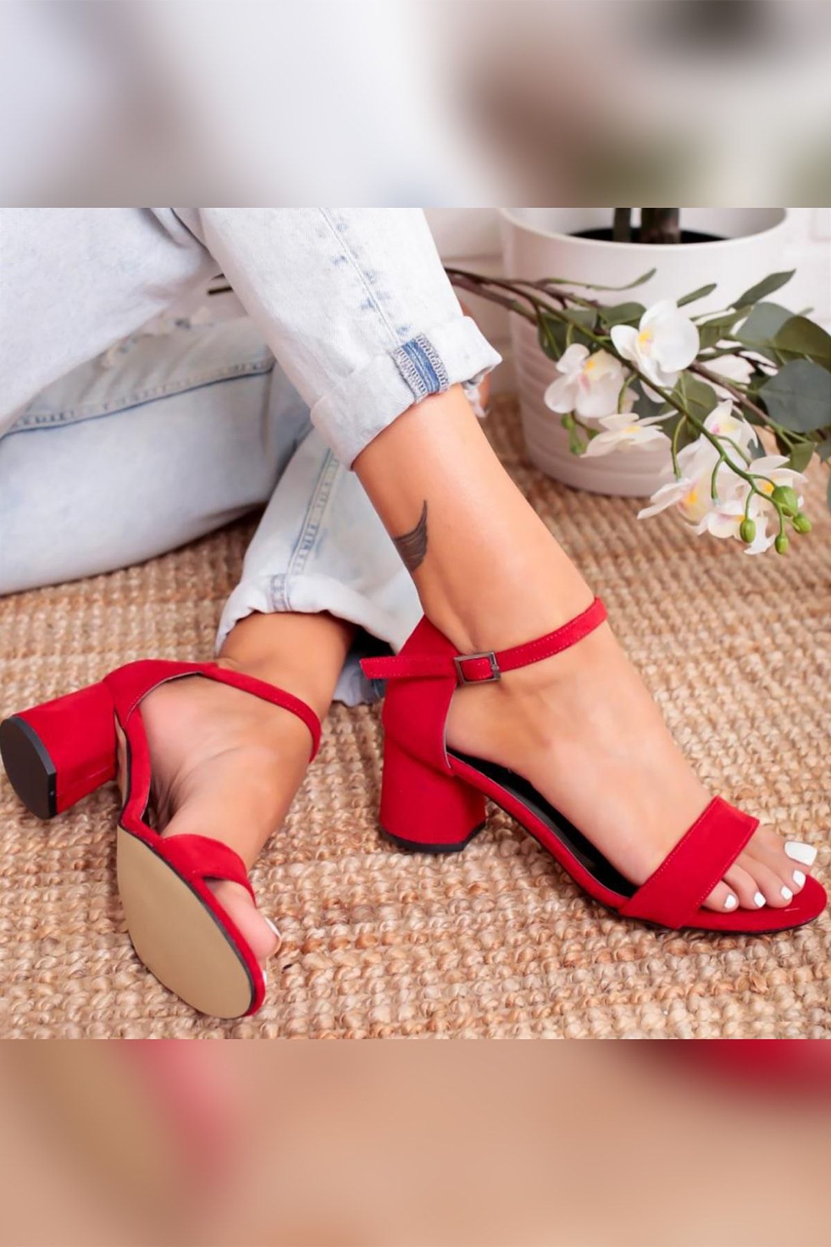 Limoya Kadın Kırmızı Süet Topuklu Tek Bantlı Ayakkabı
