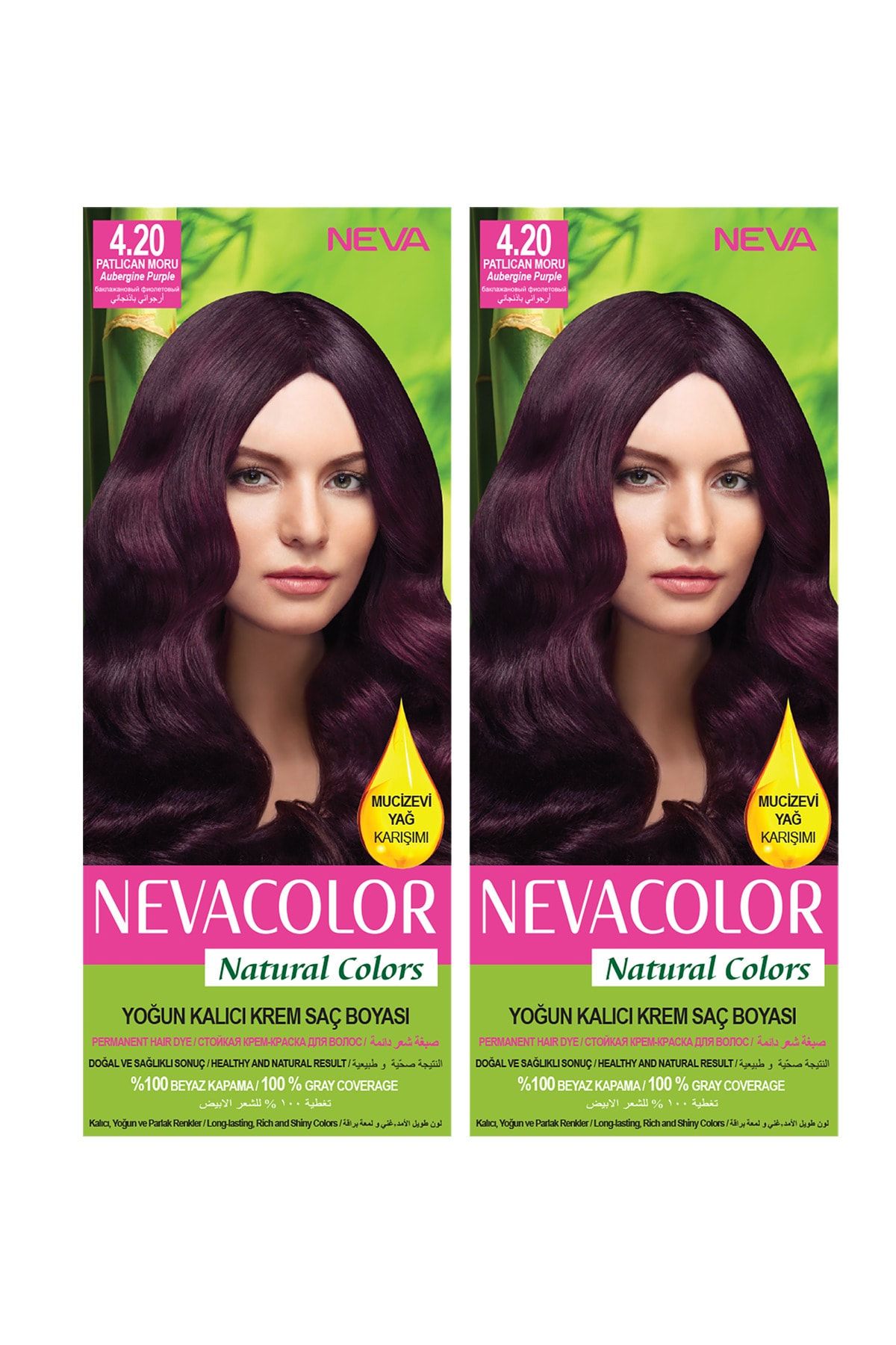 NEVA KOZMETİK Natural Color Saç Boyası 4.20 Patlıcan Moru 2'li Set
