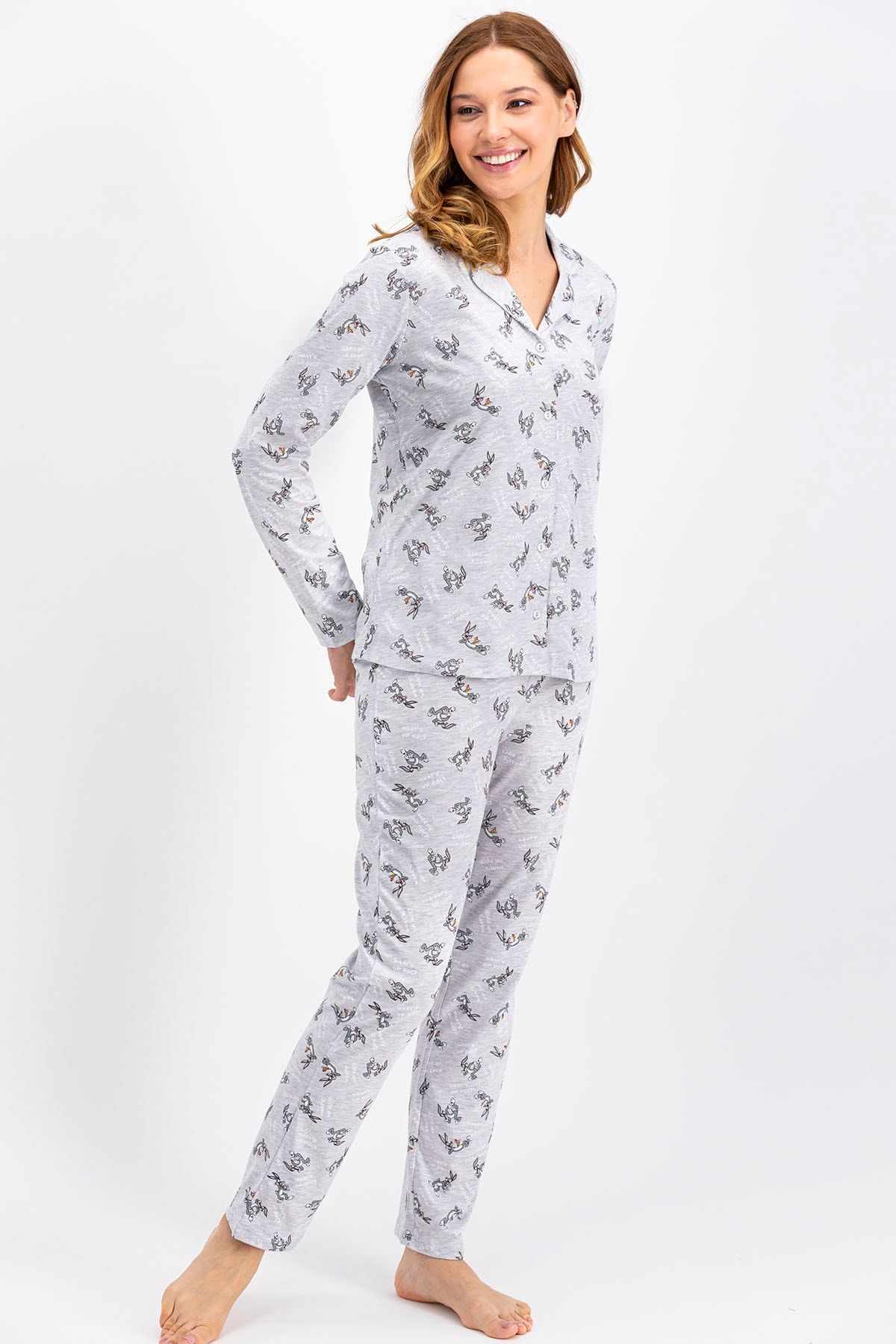 Lola & Bugs Bunny Bugs Bunny Lisanslı Gri Kadın Düğmeli Gömlek Pijama Takımı