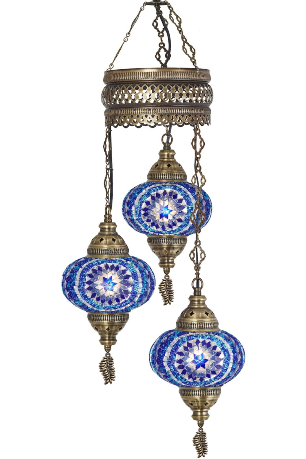 Demmex 3lü Otantik Osmanlı Mozaik Renkli Camlı Sarkıt Avize, 3 Büyük Cam, Mavi