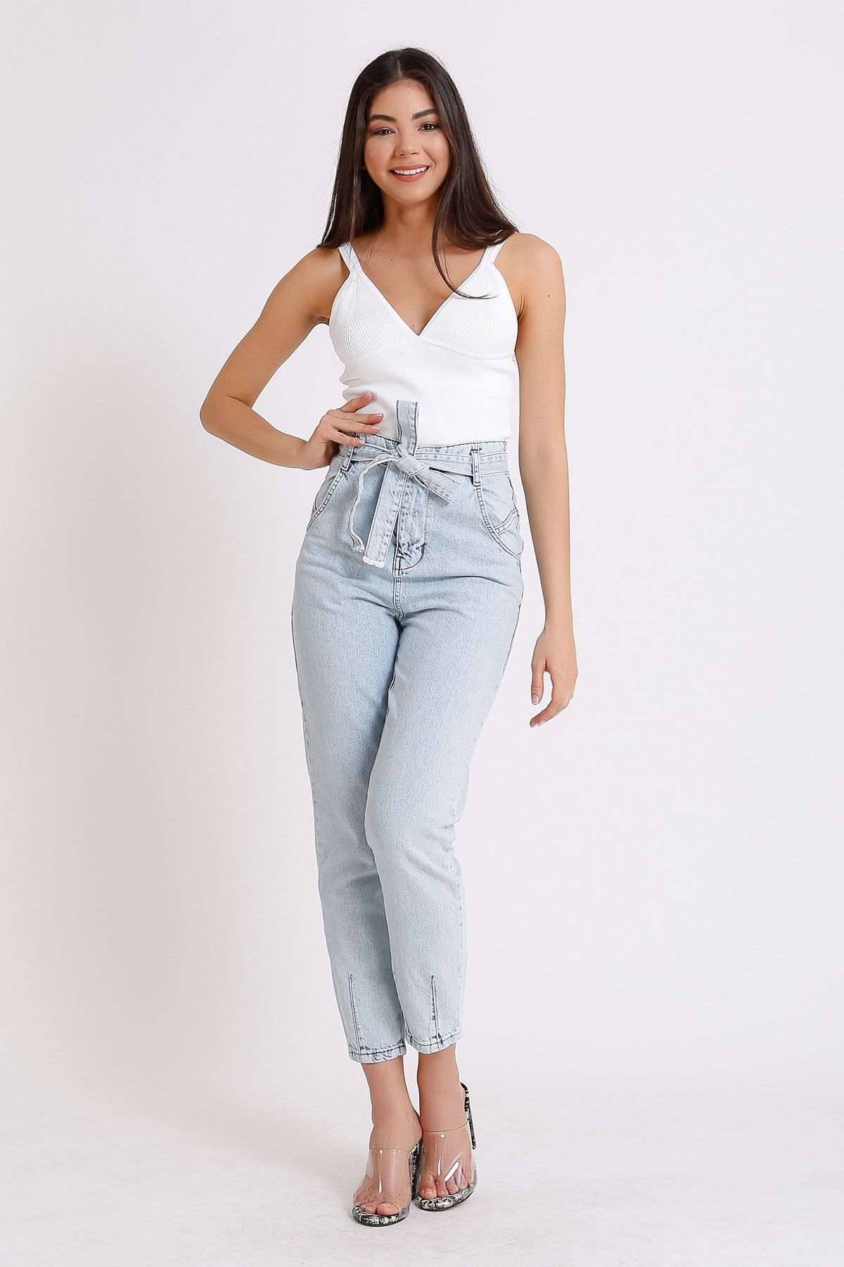 FAF Denim Kadın Açık Mavi Yüksek Bel Jeans Beli Kuşaklı Denim Kot Mom 2071