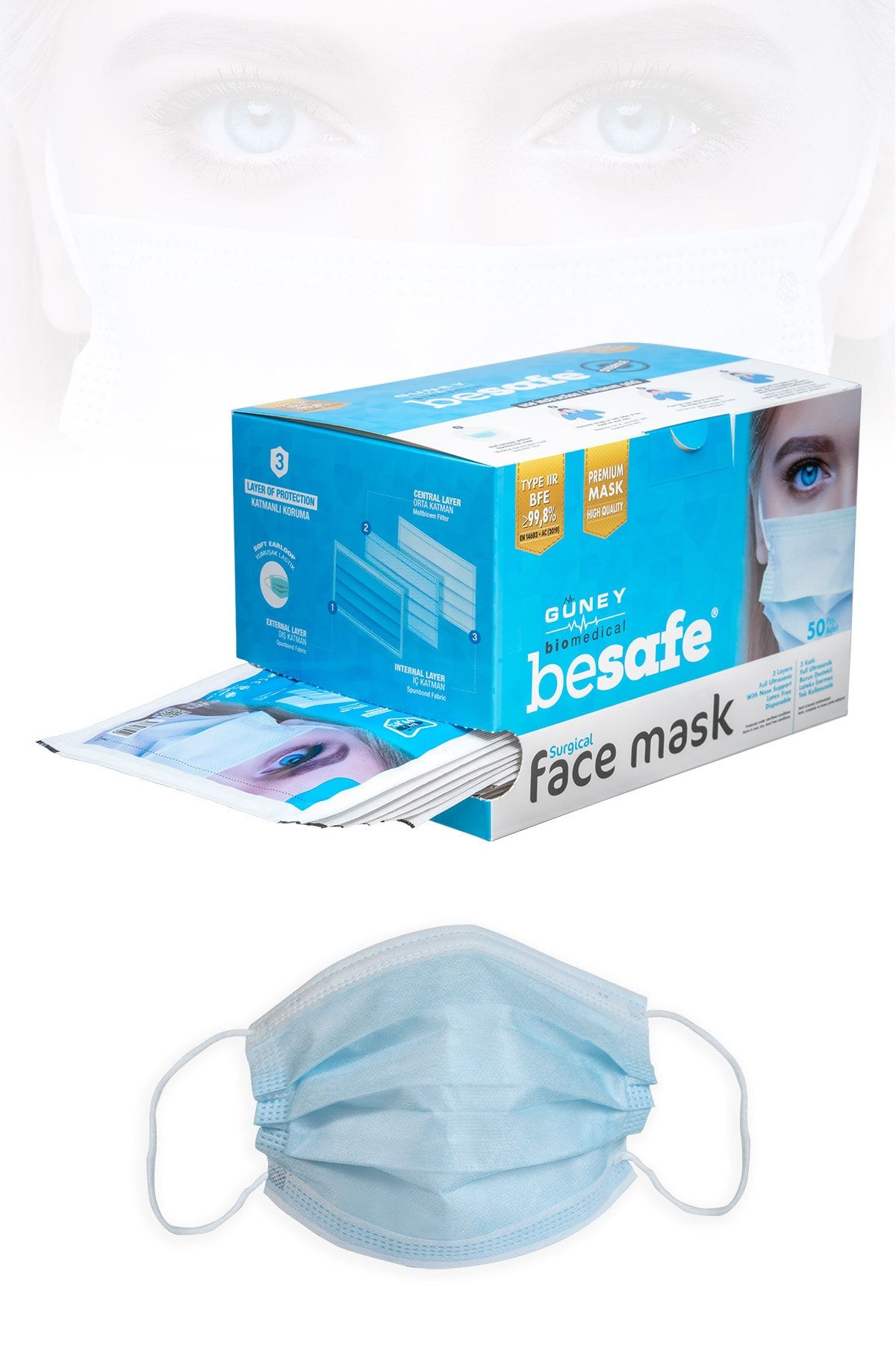 Besafe Tekli Ambalaj Premium Kutu Cerrahi Maske 3 Katlı Mb - 50 Adet - Mavi