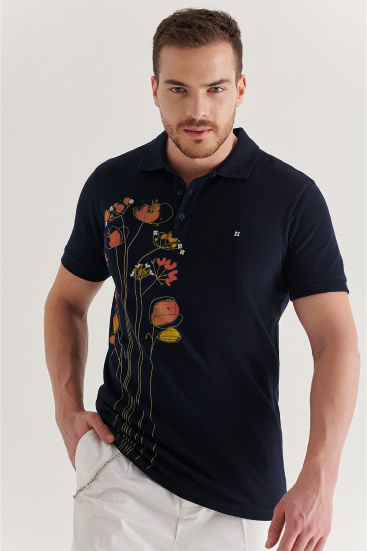 Avva Erkek Lacivert Polo Yaka Baskılı T-shirt A11y1081
