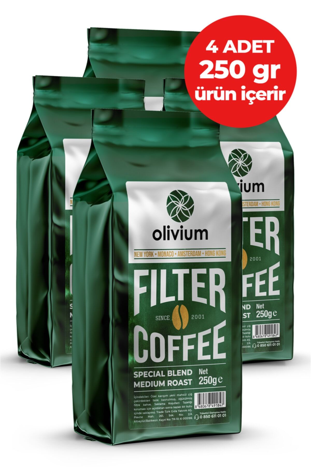 Olivium 4 Paket 250 Gramlık Öğütülmüş Filtre Kahve ( 4 Adet 250 Gramlık Ürün Içerir)