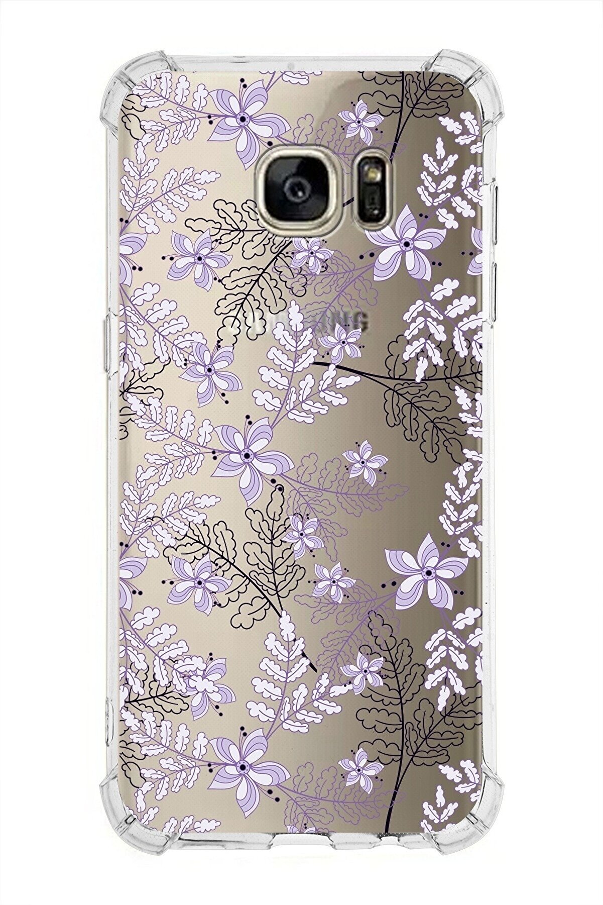 PrintiFy Samsung Galaxy S7 Edge Köşe Korumalı Antişok Kapak Floral Lila Tasarımlı Şeffaf Kılıf