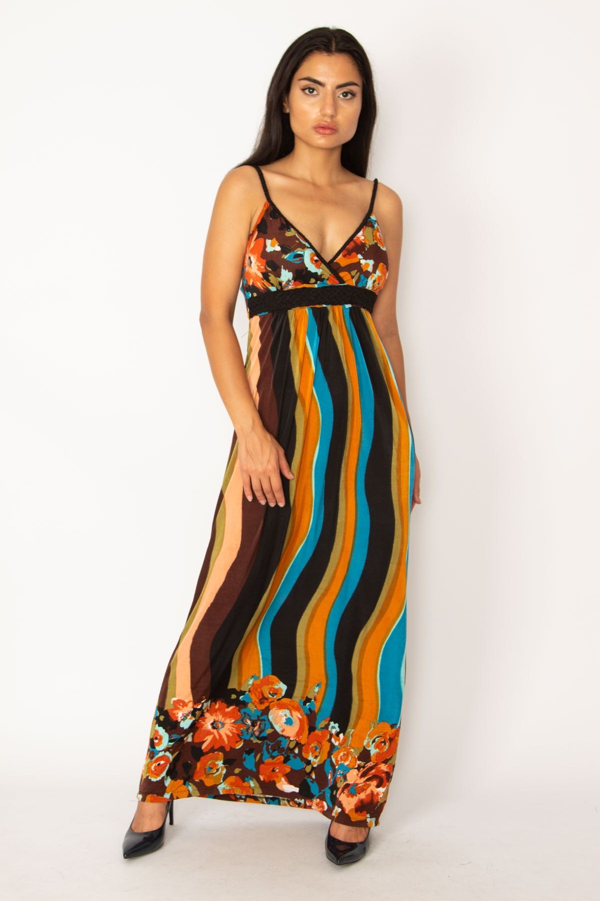 Şans Tekstil Kadın Renkli Çiçek Desenli Bel Askılar Saç Örgü Detaylı Uzun Elbise 85n7122