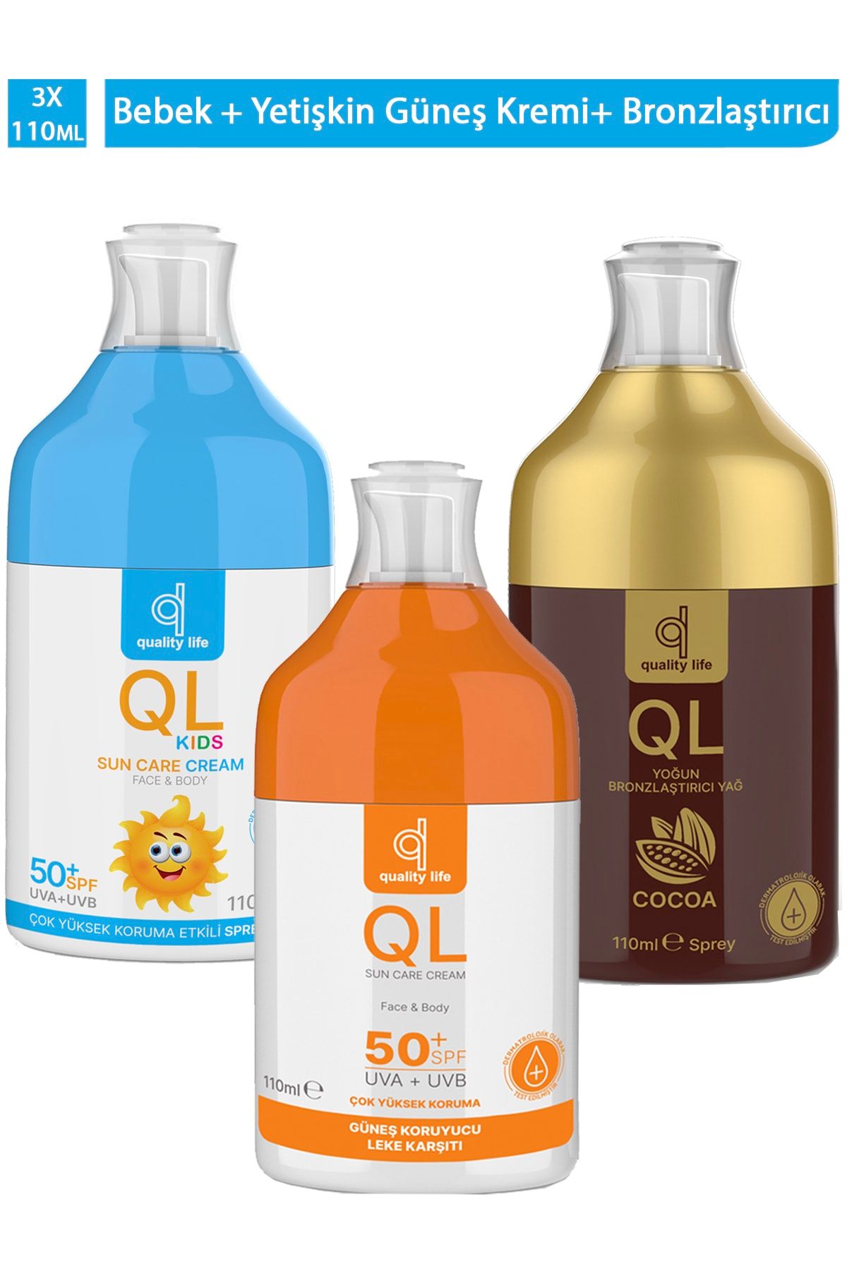 Quality Life Ql 50 Faktör Güneş Kremi Seti ( Güneş Kremi , Bebek Güneş Kremi, Bronzlaştırıcı Yağ ) 3 Güneş Ürünü