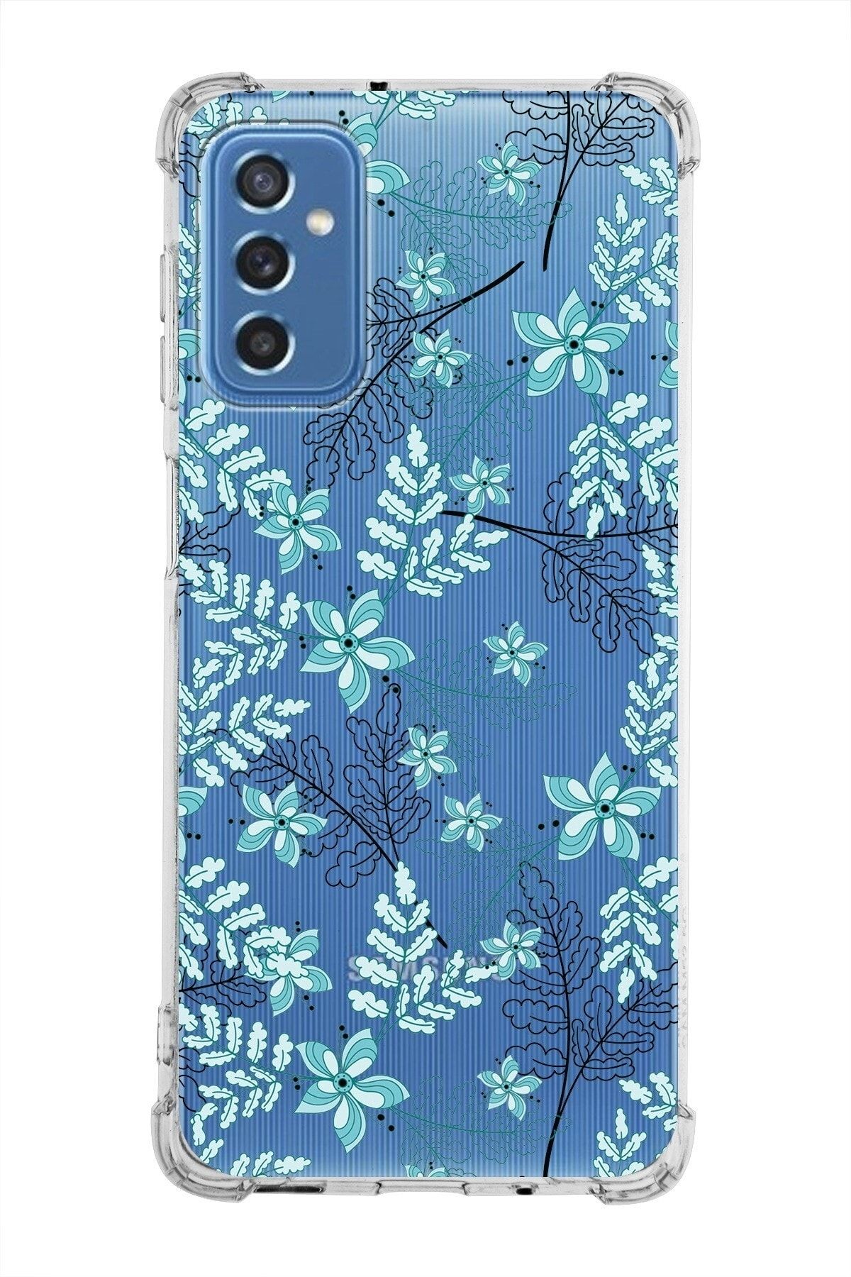 PrintiFy Samsung Galaxy M52 Köşe Korumalı Antişok Kapak Floral Su Yeşili Tasarımlı Şeffaf Kılıf