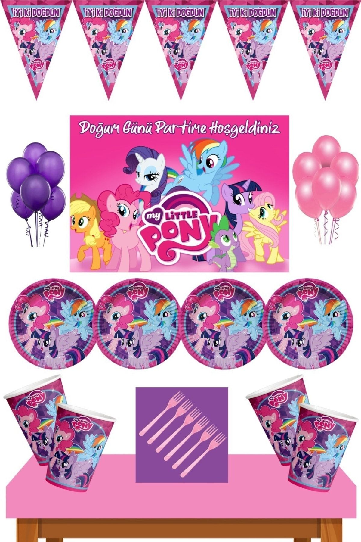 My Little Pony Doğum Günü 32kişilik 70x100 cm Afişli Pony Parti Malzemeleri Seti Pembe