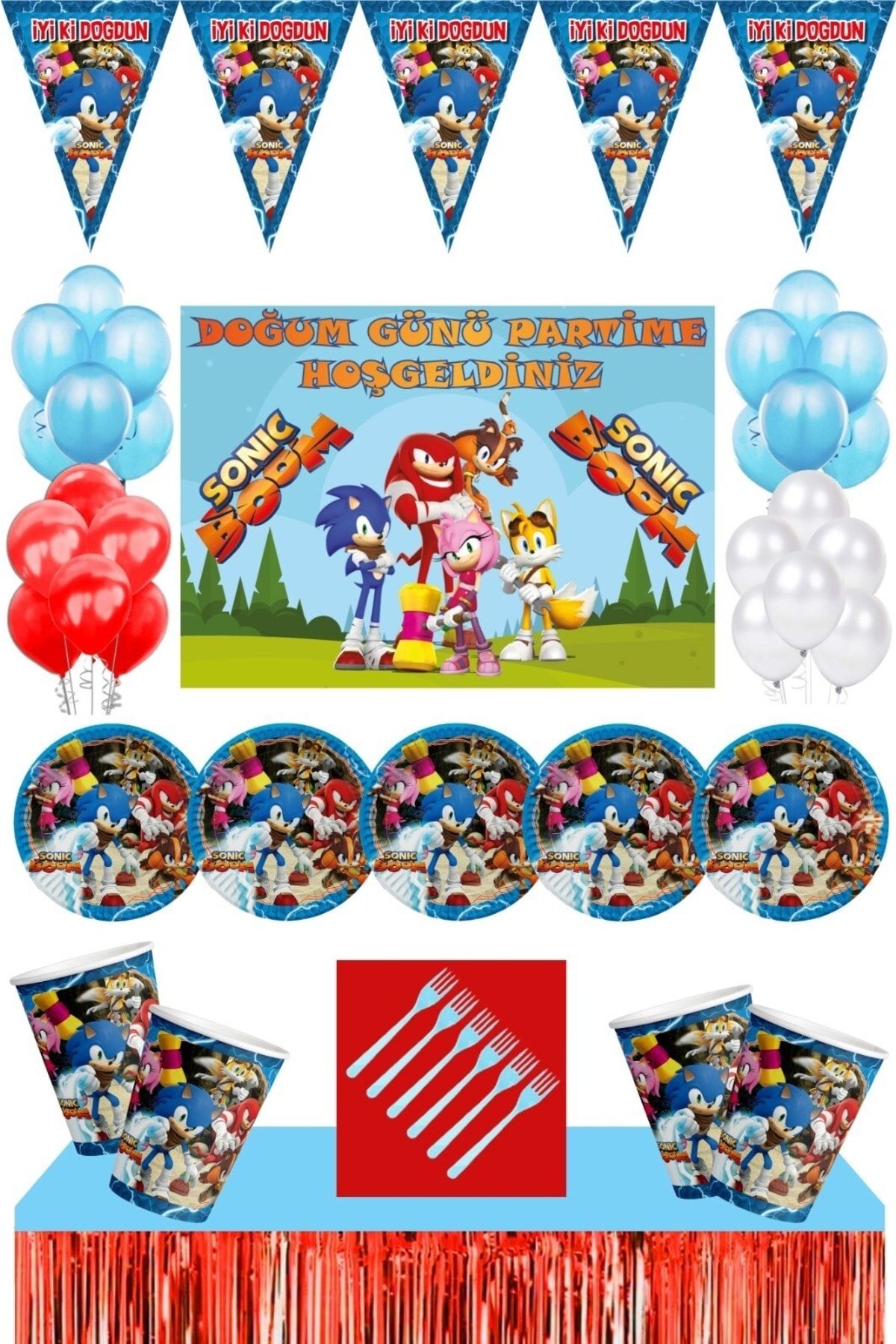 Sonic Boom Doğum Günü 32 Kişilik 50x70 Cm Afişli Parti Malzemeleri Seti Kırmızı masa Etek