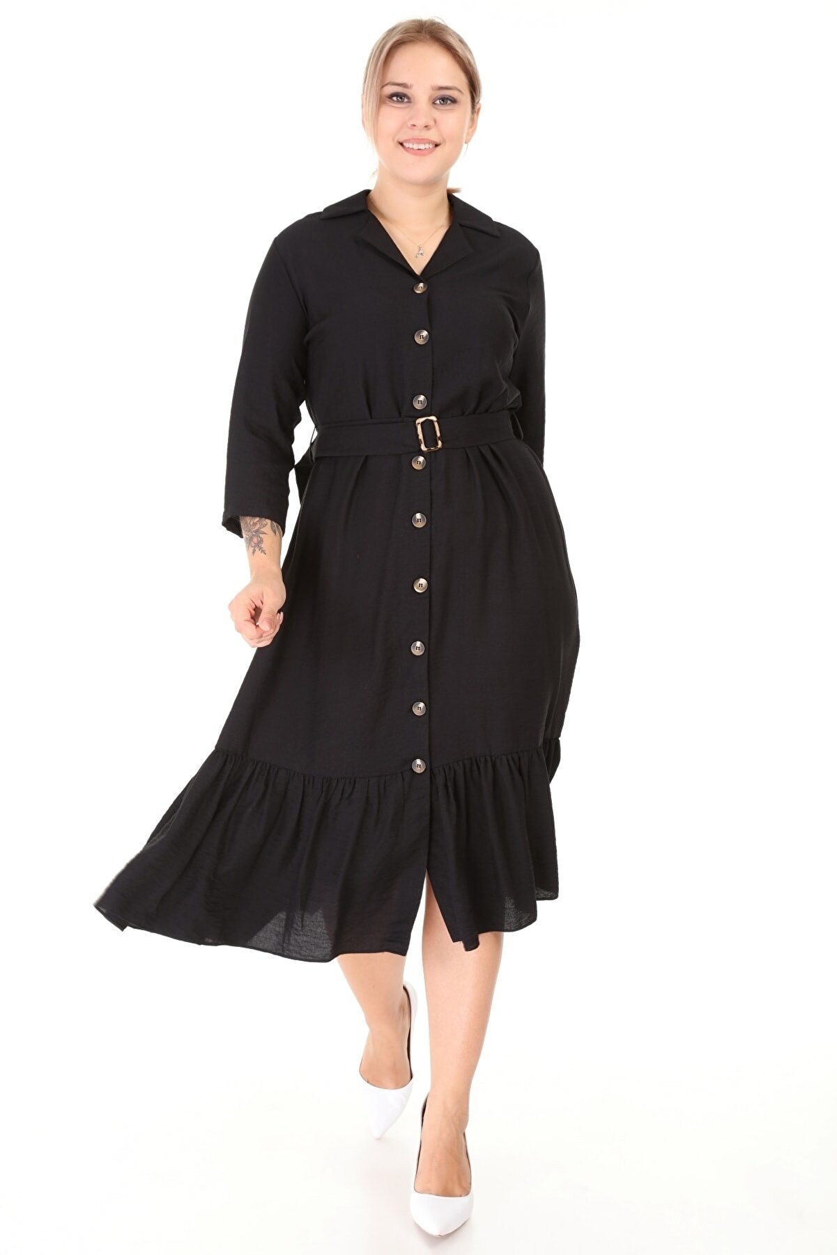 Genel Markalar Lir Kadın Büyük Beden Eteği Büzgü Önü Düğmeli Kemerli Truvakar Kol Elbise Siyah 1626