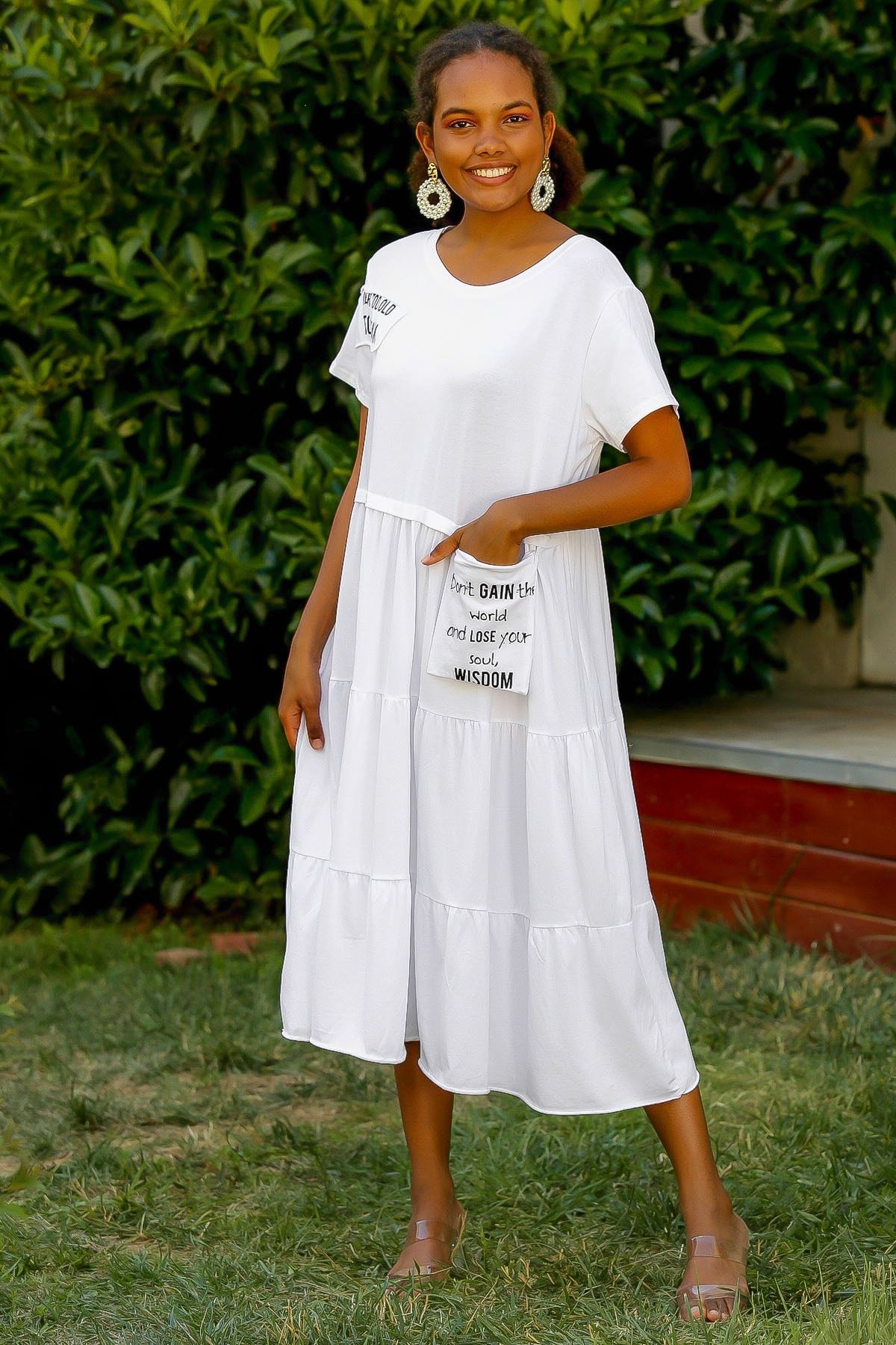 Chiccy Kadın Beyaz İtalyan Yuvarlak Yaka Kısa Kol Tek Cepli Oversize Pamuk Dokuma Smock Elbise