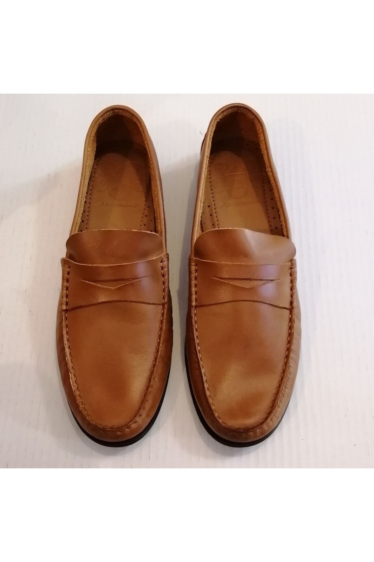 Ambitious Unisex Hakiki Deri Yakma Taba Antik El Dikişli İnce Tabanlı Yumuşak Loafer Ayakkabı