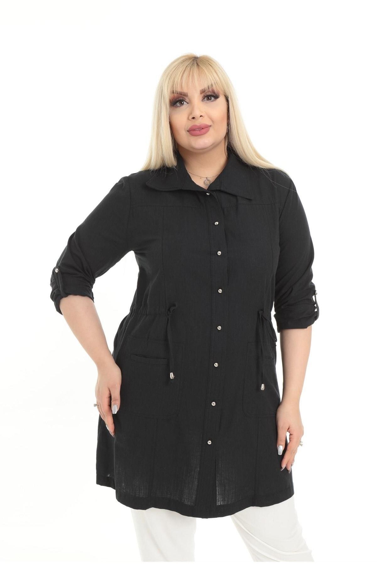 By Alba Collection Kadın Cep Detaylı Büyük Beden Ceket Gömlek Siyah