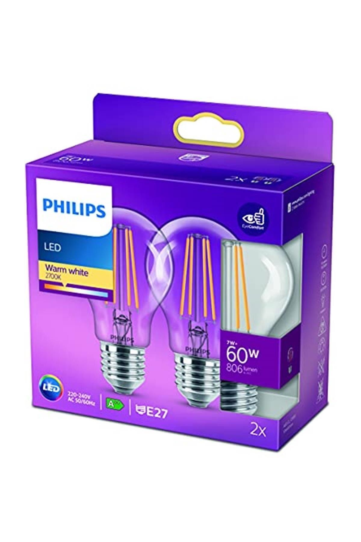 Philips Led Classic 60w A60 Filament Ampul, 2700 Sarı Işık, E27 Normal Duy, Dim Edilmez 2'li Ekopak