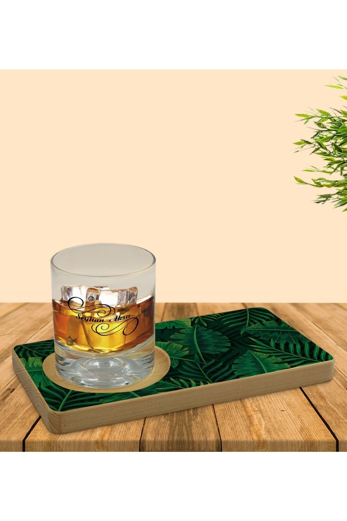 BK Kişiye Özel Yapraklar Tasarımlı Doğal Ahşap Tabaklı Viski Bardağı Sunum Seti Model 10