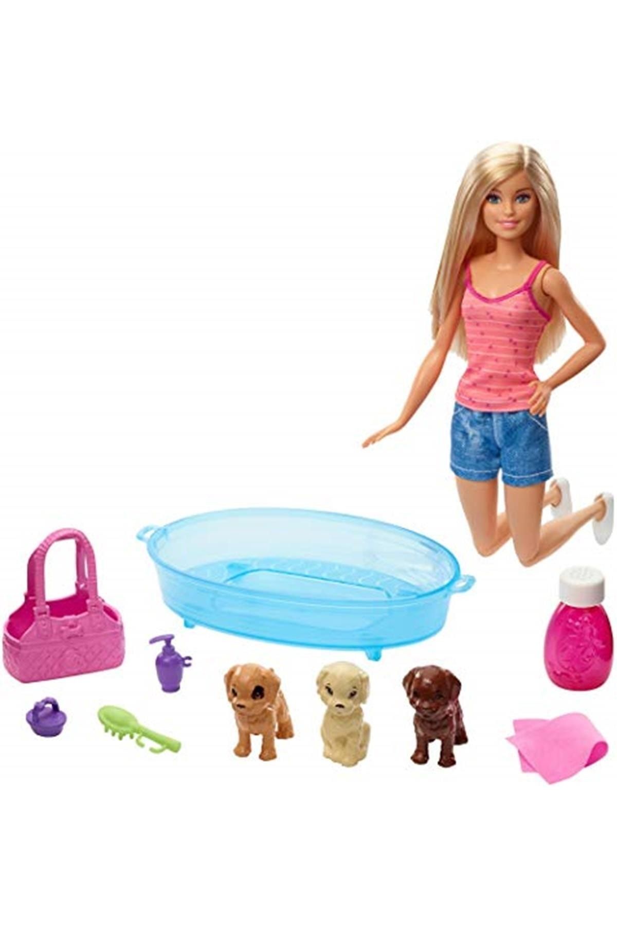 Barbie Bebek Ve Aksesuarları - 3 Yavru Köpekli Oyun Seti, Hayvancıklar Için Küvet Ve Aksesuarları