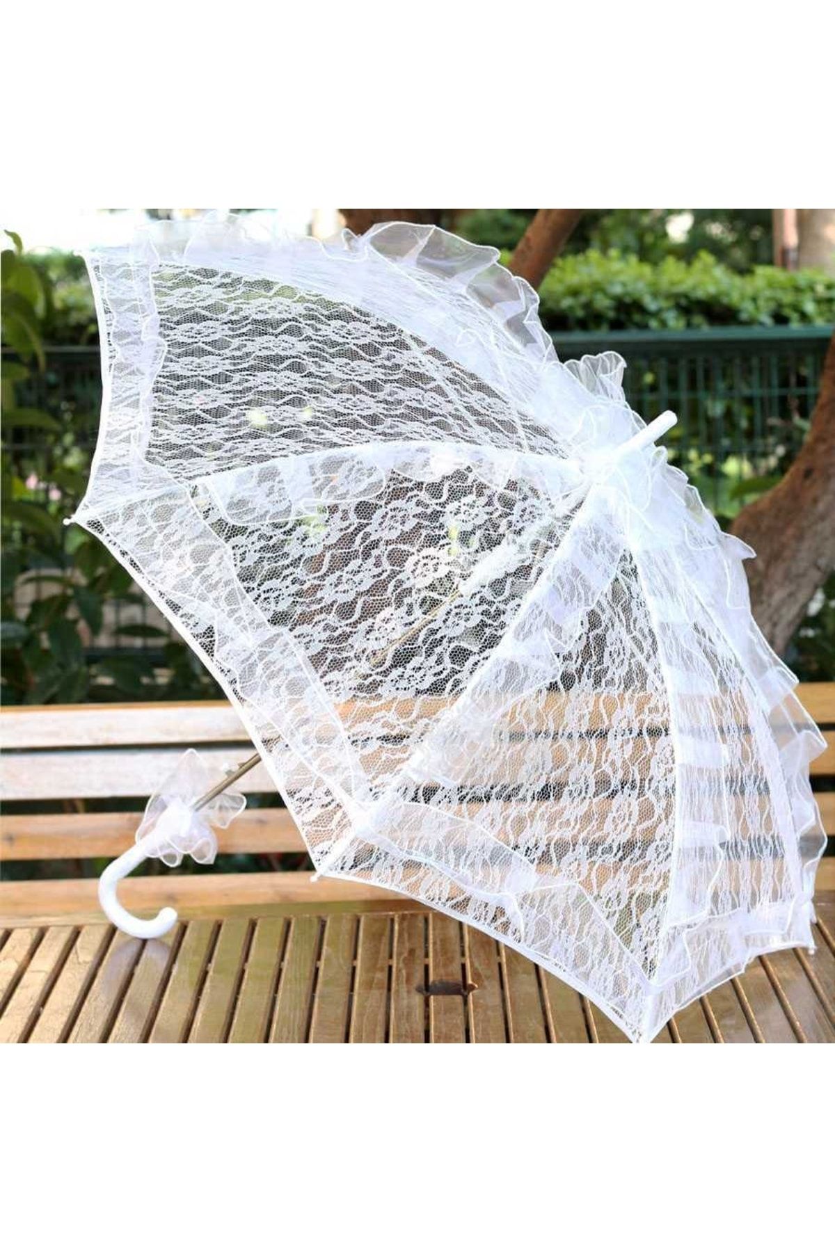 Gelince Alışveriş Beyaz Dantelli Şemsiye Fotoğraf Çekimi Için Gelin Şemsiyesi