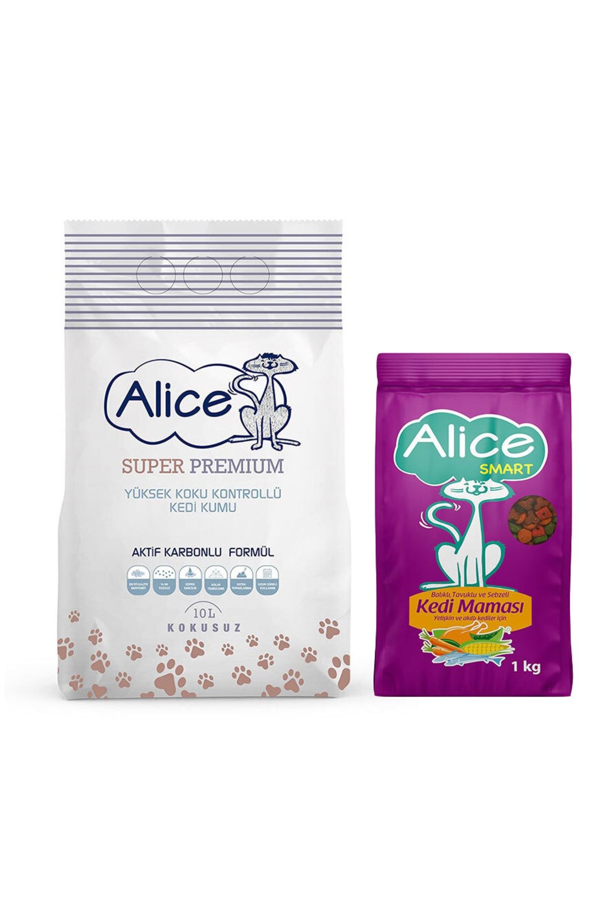 Alice Aktif Karbonlu Super Premium Kedi Kumu 10 Lt Ve Smart Kedi Maması 1 Kg