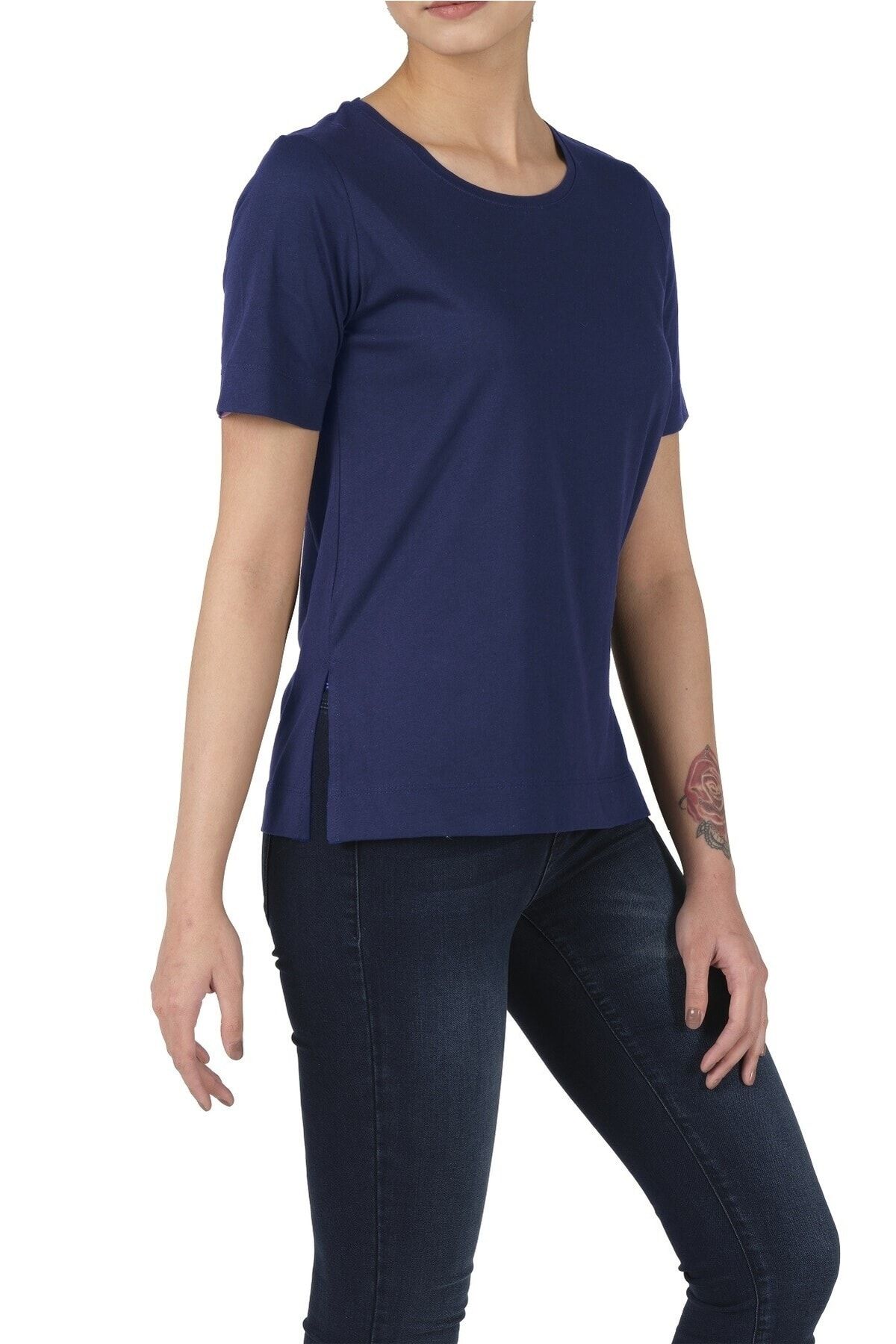 fsm1453 Kadın Pamuklu Modal Kısa Kollu Yırtmaçlı Comfort Fit T-shirt -2405