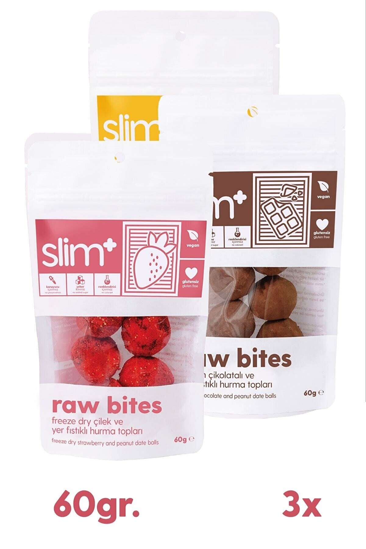 slimplus 3'lü Paket Glutensiz Vegan Yerfıstıklı Hurma Topları Raw Bites Mix Paket 60gr