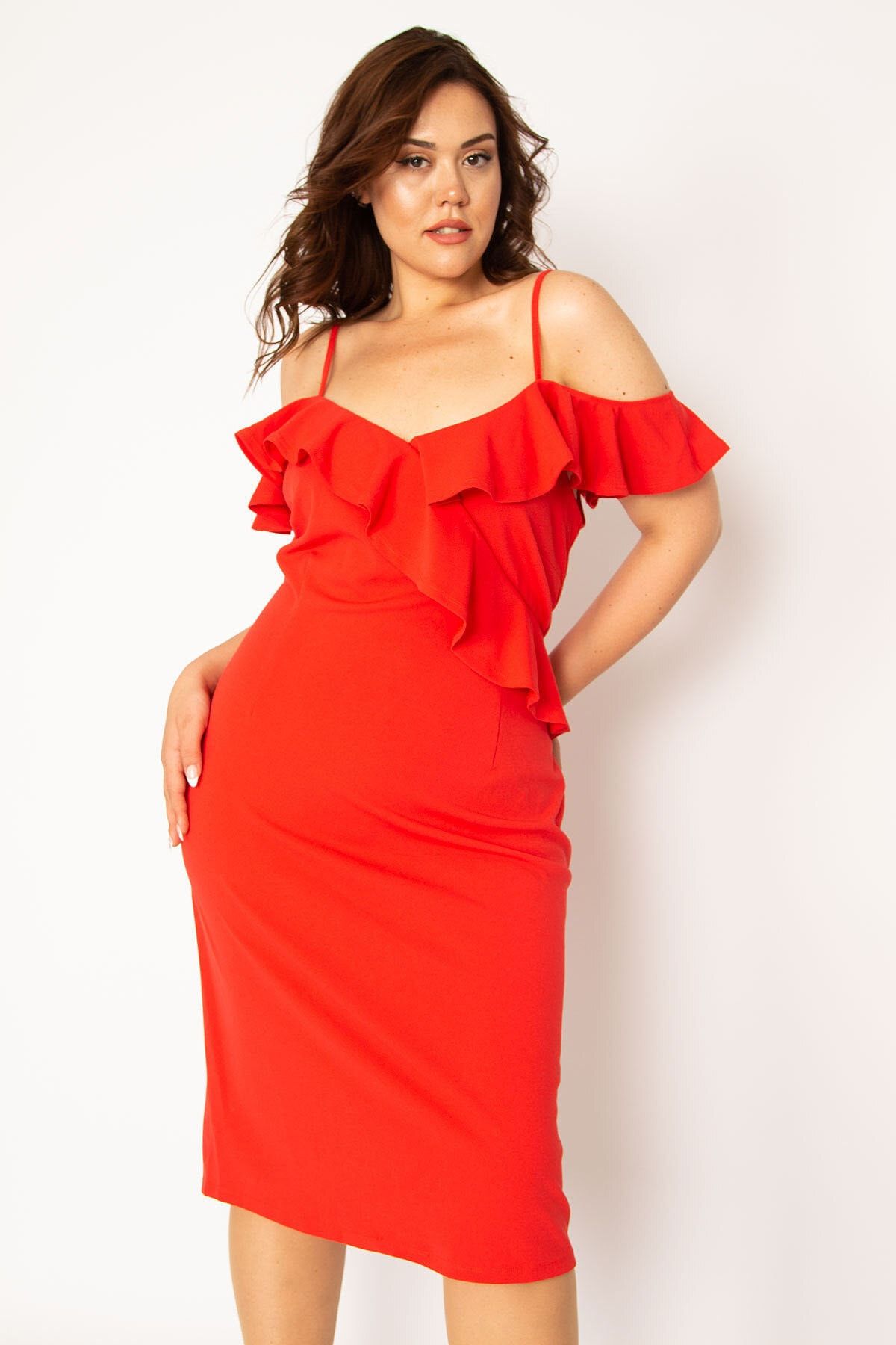 Şans Kadın Büyük Beden Kırmızı Volan Detaylı Askılı Elbise 65n33863